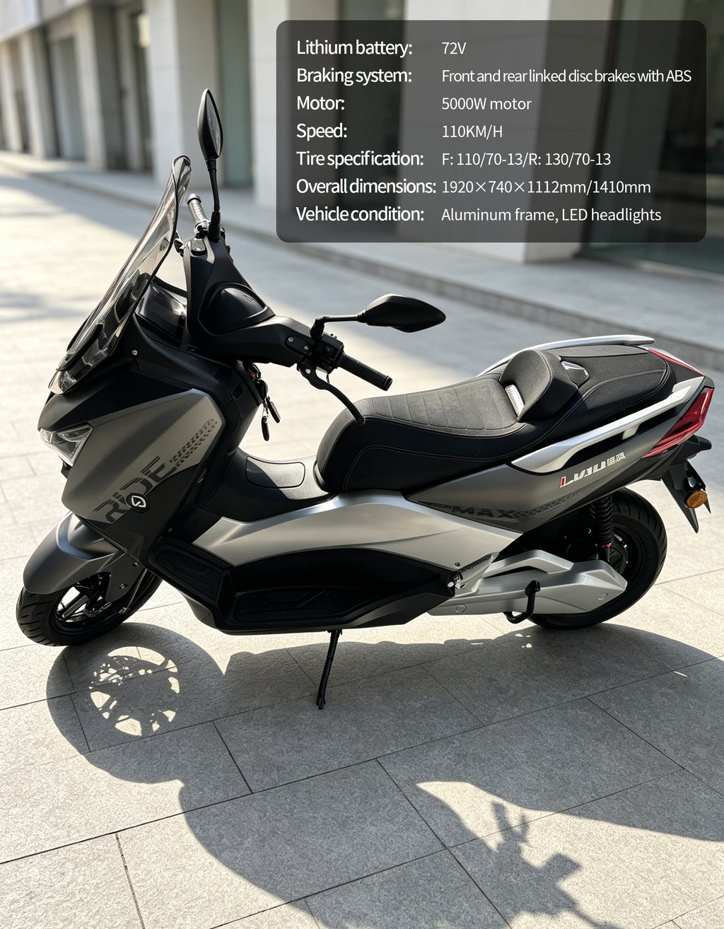 5000W High Speed Maxi Scooter Electric Motorcycle | 120KM/H Top Speed, Over 250KM Range, 72V60AH Lithium Battery, ABS Linked Disc Brakes Adult E-Scooter