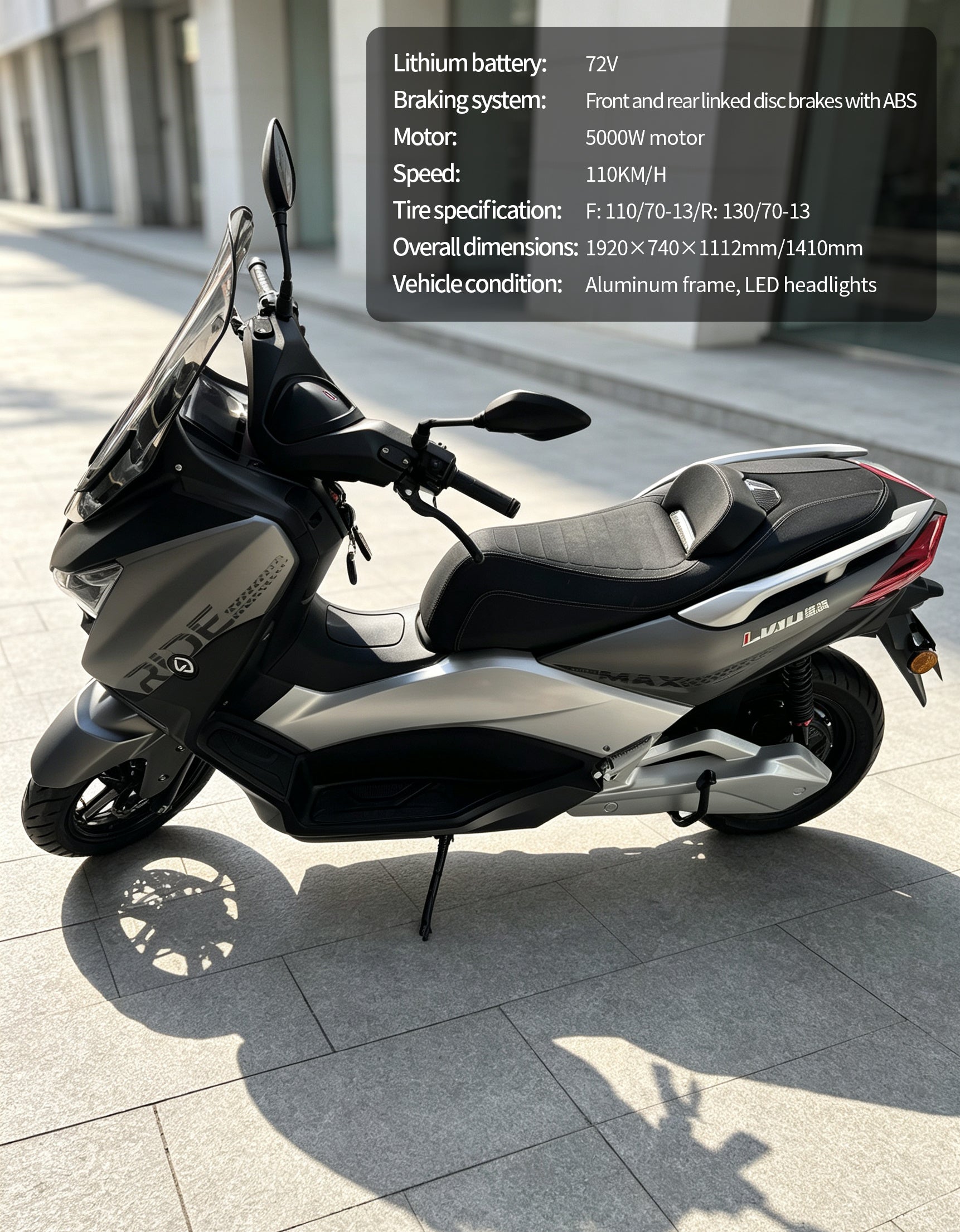 5000W High Speed Maxi Scooter Electric Motorcycle | 120KM/H Top Speed, Over 250KM Range, 72V60AH Lithium Battery, ABS Linked Disc Brakes Adult E-Scooter