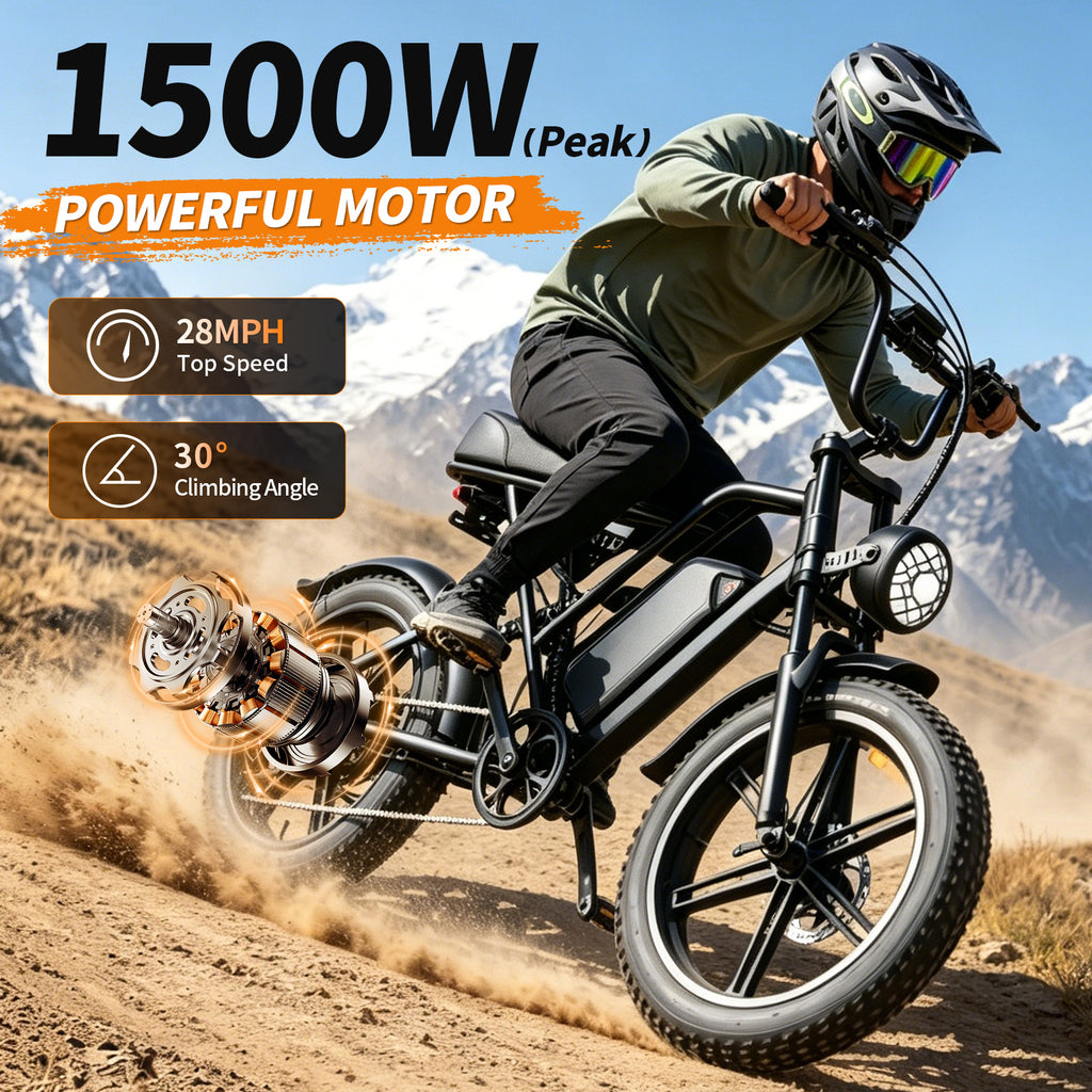 1500W Peak Retro Fat Tire Electric Bike, 48V 20AH Detachable Battery 28MPH Full Suspension E-Bike, 20"×4.0 All Terrain Electric Bicycle with 3 Color Options, Hydraulic Disc Brakes