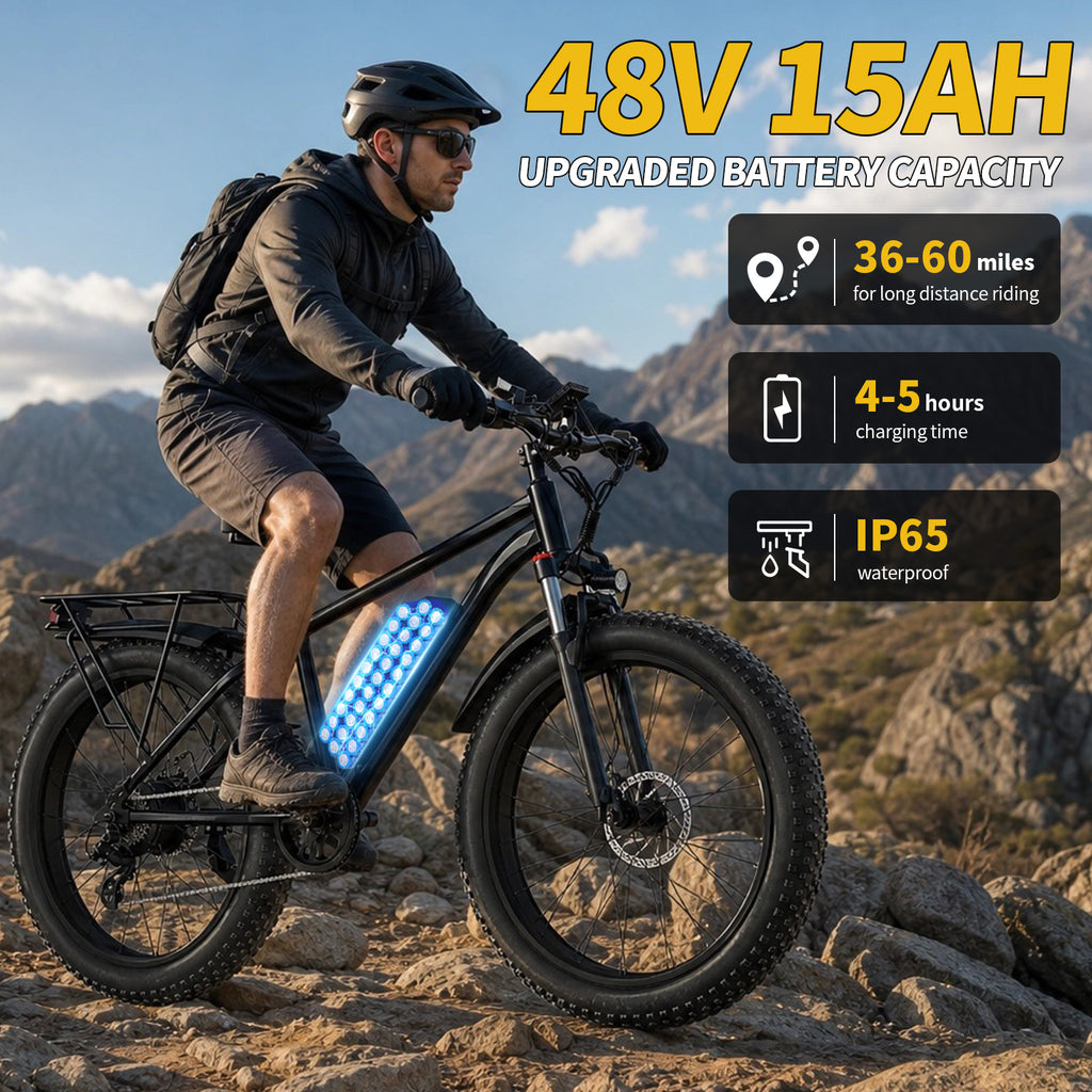 1500W Peak Fat Tire Electric Bike, 48V 15AH Detachable Battery 32MPH All Terrain E-Bike, Full Suspension Aluminum Frame Electric Mountain Bicycle with Hydraulic Disc Brakes