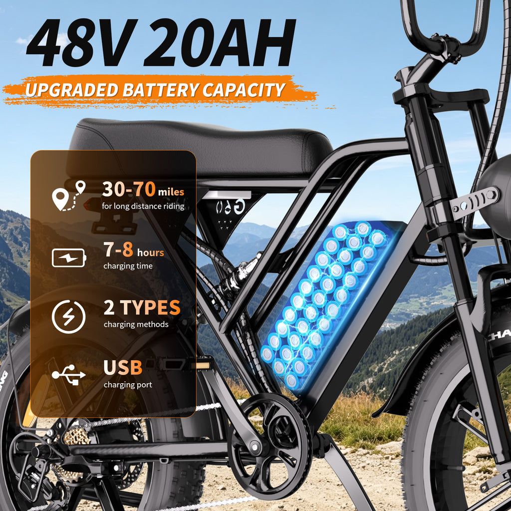 1500W Peak Retro Fat Tire Electric Bike, 48V 20AH Detachable Battery 28MPH Full Suspension E-Bike, 20"×4.0 All Terrain Electric Bicycle with 3 Color Options, Hydraulic Disc Brakes