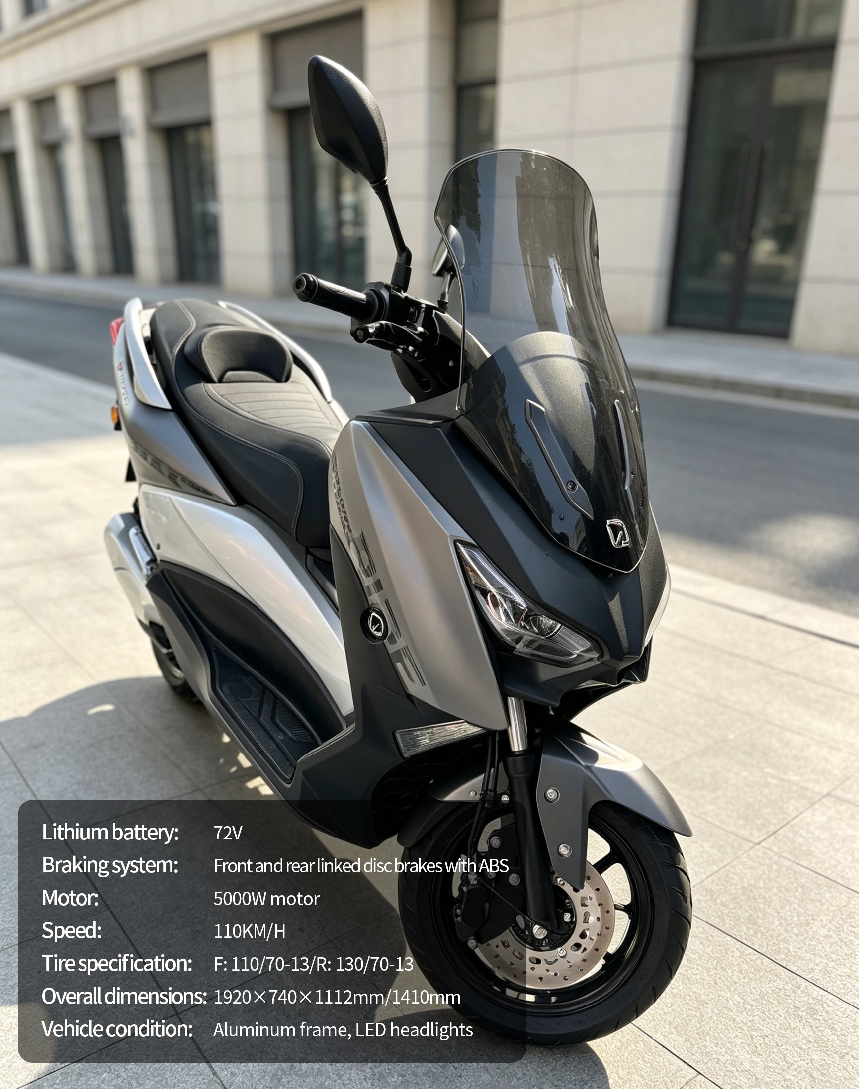5000W High Speed Maxi Scooter Electric Motorcycle | 120KM/H Top Speed, Over 250KM Range, 72V60AH Lithium Battery, ABS Linked Disc Brakes Adult E-Scooter