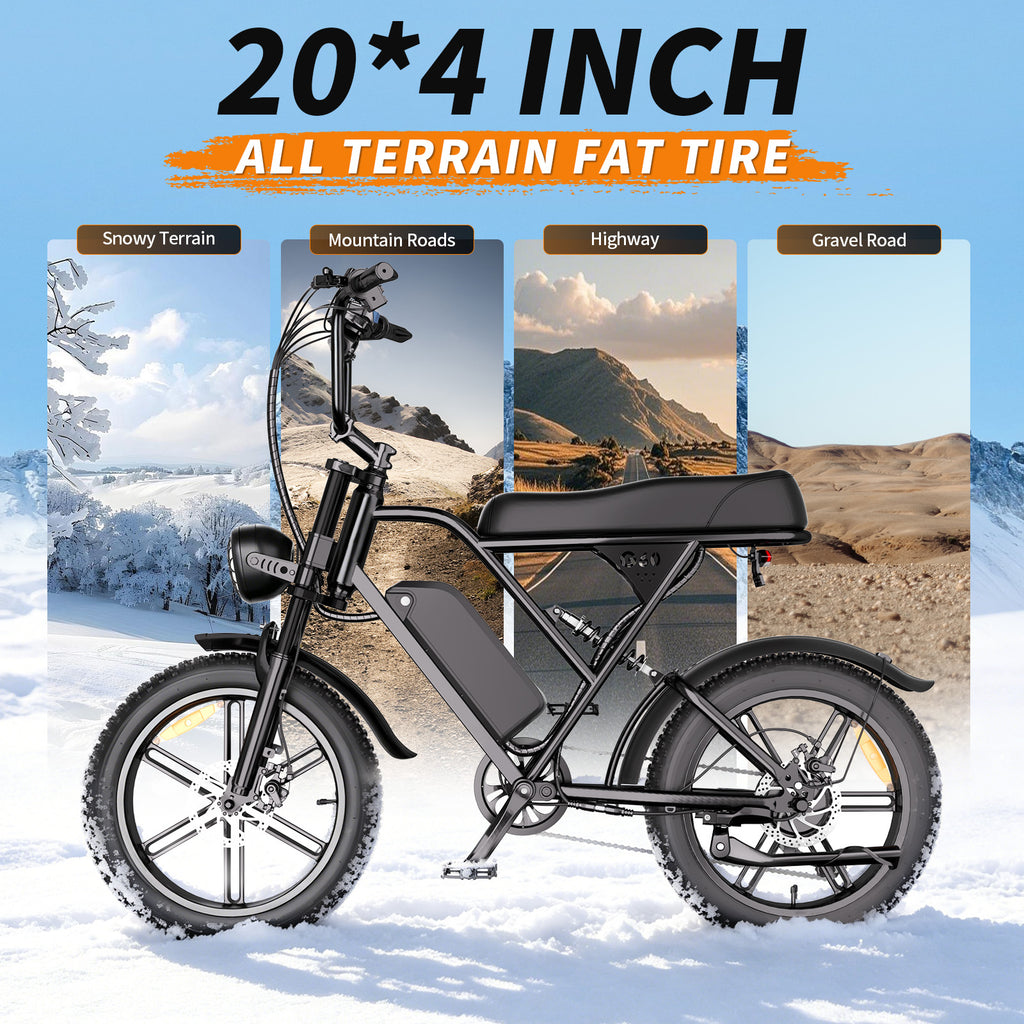 1500W Peak Retro Fat Tire Electric Bike, 48V 20AH Detachable Battery 28MPH Full Suspension E-Bike, 20"×4.0 All Terrain Electric Bicycle with 3 Color Options, Hydraulic Disc Brakes