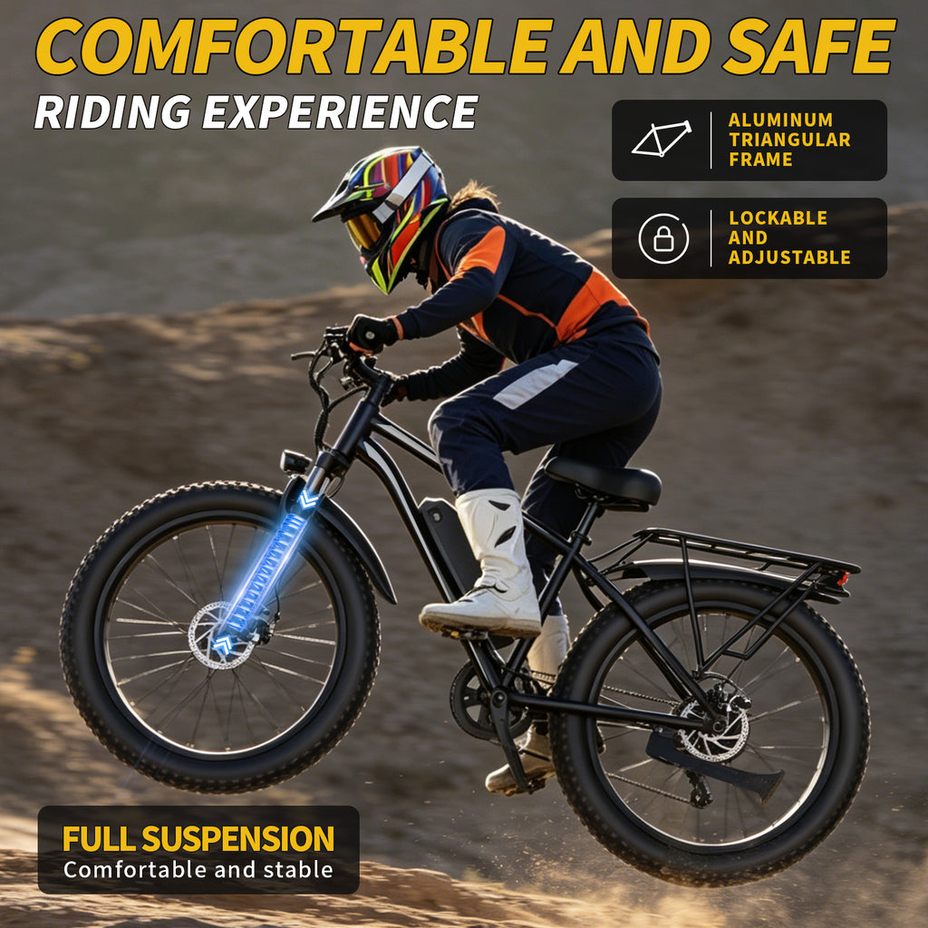 1500W Peak Fat Tire Electric Bike, 48V 15AH Detachable Battery 32MPH All Terrain E-Bike, Full Suspension Aluminum Frame Electric Mountain Bicycle with Hydraulic Disc Brakes