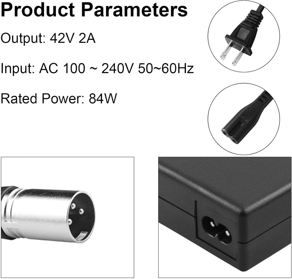 Futurebatt Electric Bike Battery Charger Output 42v 2a with 3-Pin XLR Connector Male for 36V Ebike Battery Adapter Power Cord