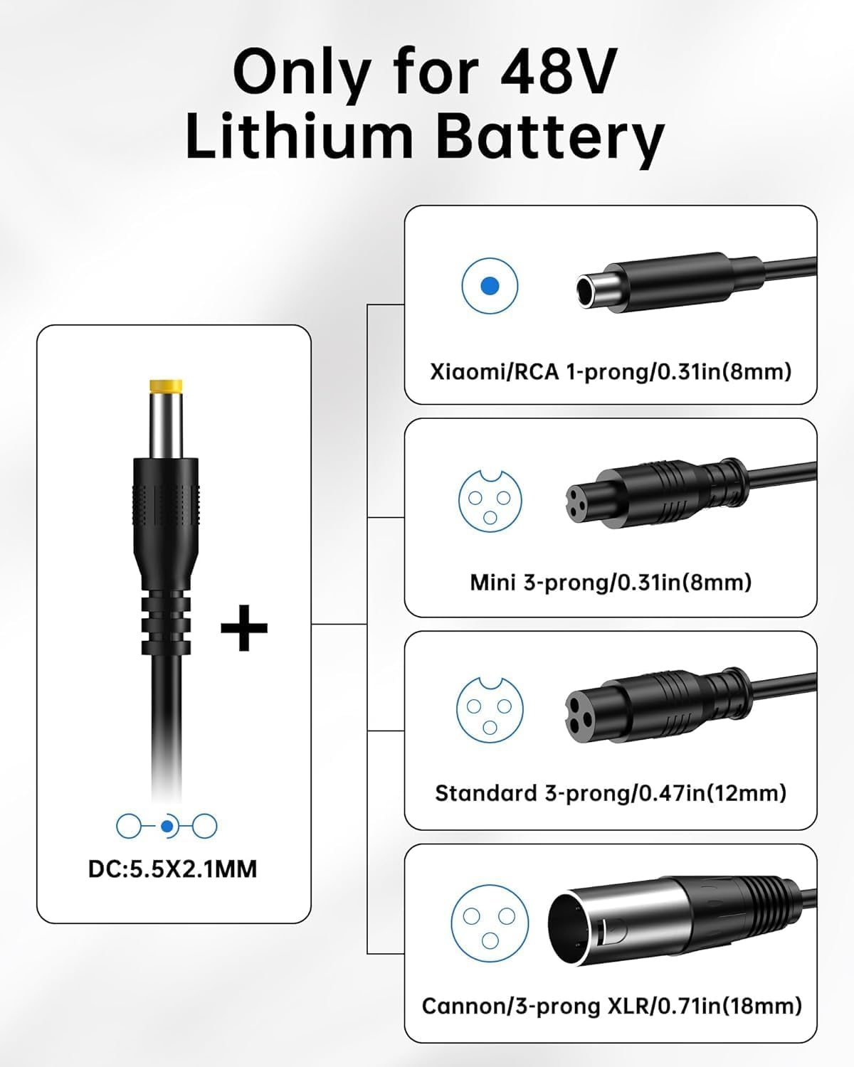 WUKUR 54.6V 2A Electric Scooter Charger 5 Connectors for 48V Lithium Batteries Compatible with Lectric XP 2.0/3.0, for Ecotric City/Beach, for Evercross H5/H7 Ebike
