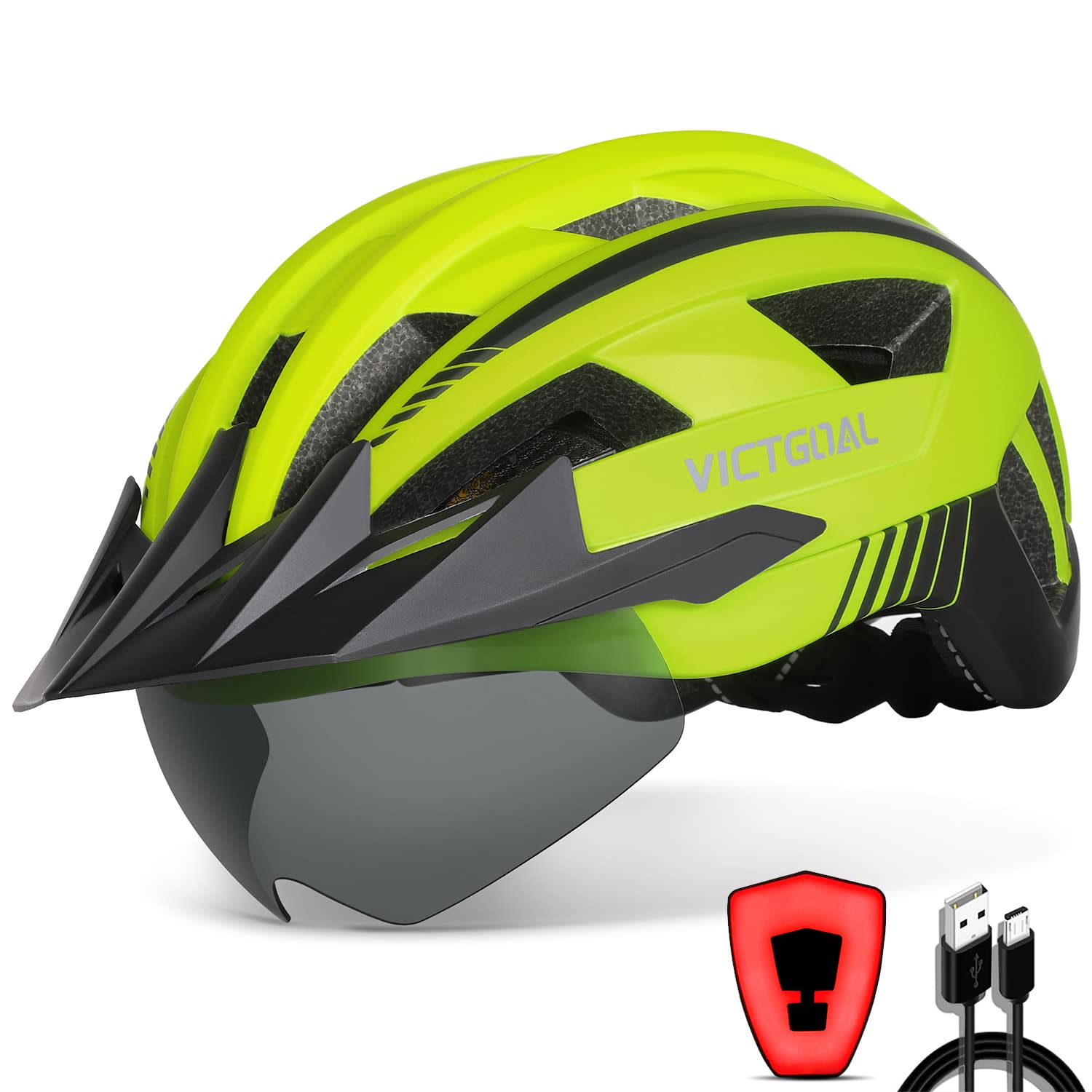 VICTGOAL Bike Helmet with USB Rechargeable Rear Light Detachable Magnetic Goggles Removable Sun Visor Mountain & Road Bicycle Helmets for Men Women Adult Cycling Helmets