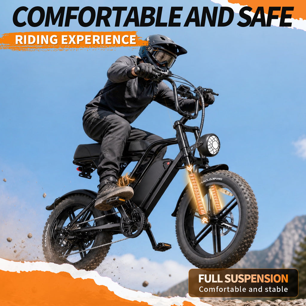 1500W Peak Retro Fat Tire Electric Bike, 48V 20AH Detachable Battery 28MPH Full Suspension E-Bike, 20"×4.0 All Terrain Electric Bicycle with 3 Color Options, Hydraulic Disc Brakes