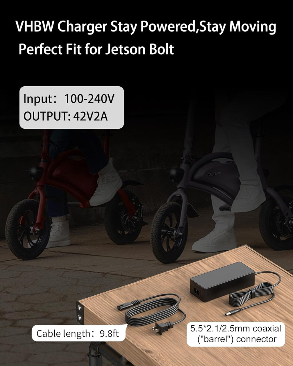 VHBW 42V Charger for Jetson Electric Bike, Compatible with Jetson Bolt, Bolt Pro, Adventure, Journey, Shadow, LX10, J5, J8 Bikes and for Jetson Eris, Ora Pro, Racer, Rhythm, Ryder Scooters