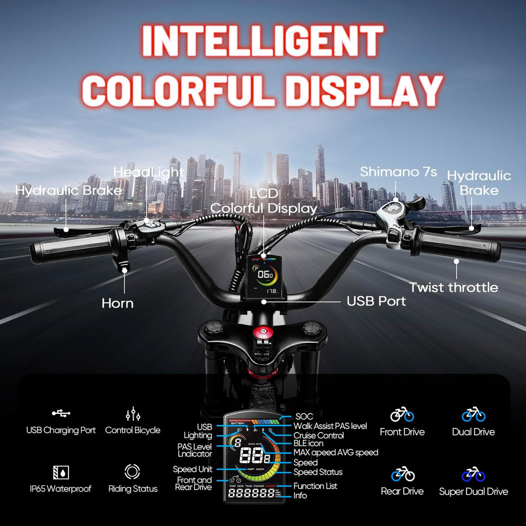 eAhora Terra/Luna 2 Dual Motor Electric Bike for Adults 3000W/1500W 33Mph/31Mph 7-Speed Ebike with Removable 48V 20Ah/15Ah Battery 20'' * 4.0 Fat Tires Ebikes with Dual Hydraulic Disc Brakes