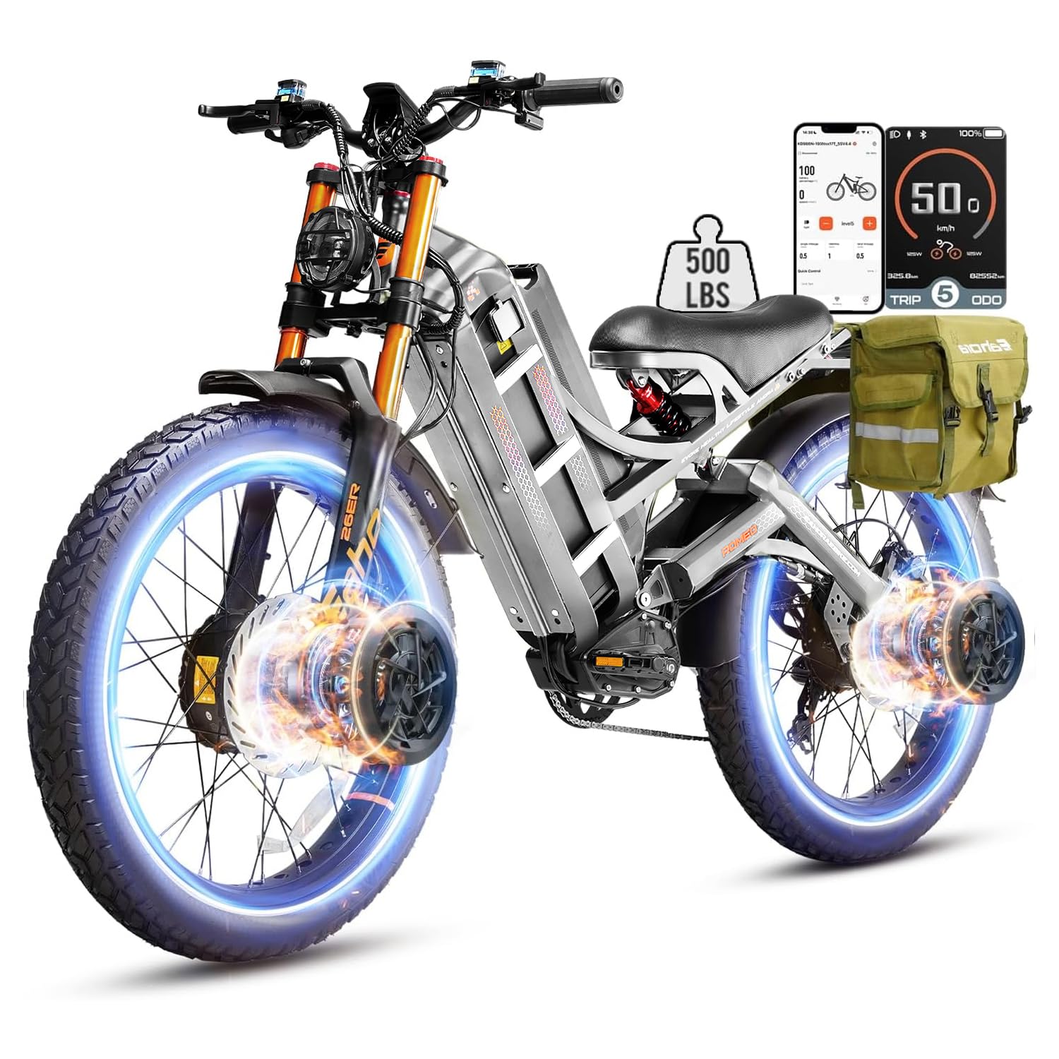 eAhora 2026 Romeo Electric Bike - Adults 40-50MPH 2500W/5600W Dual Motor 60V 80AH 250Miles Long Range Ebike, 26" Fat Tire Fast Electric Mountain Bike Full Suspension Off-Road E-Bike