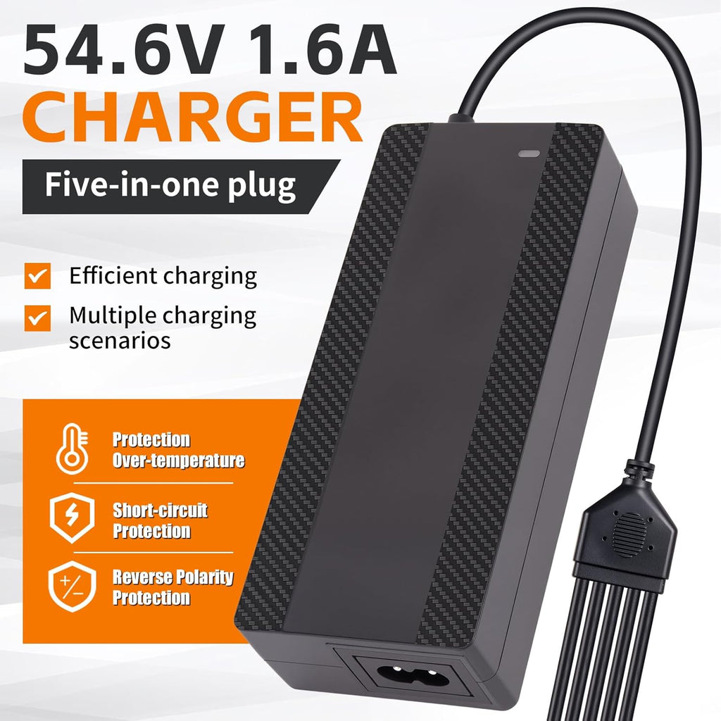 54.6V 1.6A Electric Scooter Charger for 48V Lithium Battery, 5-in-1 Plug Smart Ebike Charger Compatible with Jetson, Gotrax, Razor,Segway, Swagtron, Hiboy, Lectric XP and More