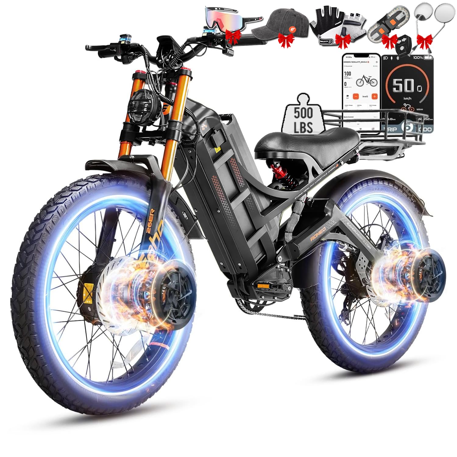 eAhora 2026 Romeo Electric Bike - Adults 40-50MPH 2500W/5600W Dual Motor 60V 80AH 250Miles Long Range Ebike, 26" Fat Tire Fast Electric Mountain Bike Full Suspension Off-Road E-Bike