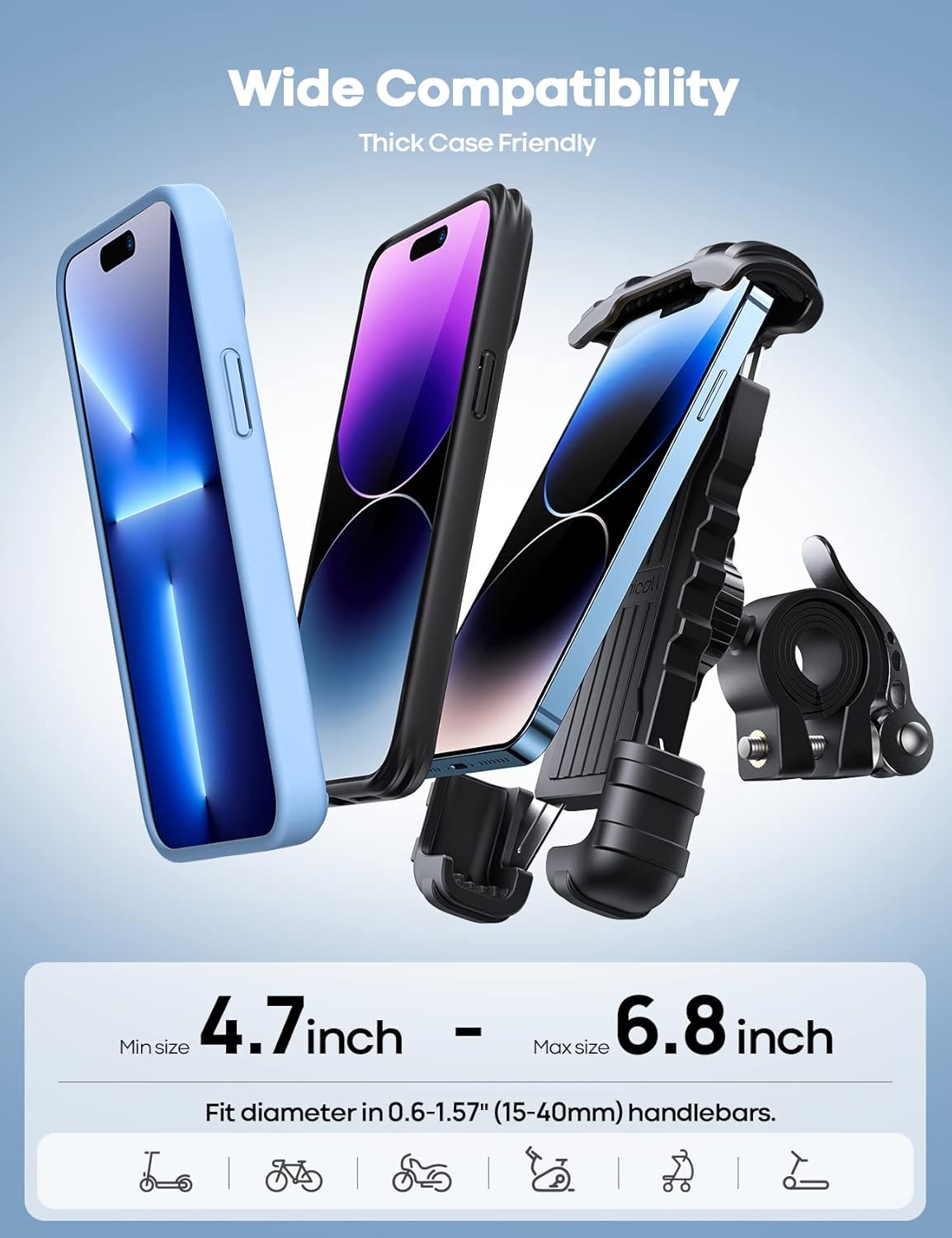 Lamicall Bike Phone Holder, Motorcycle Mount - Motorcycle Phone Holder, Handlebar Cell Phone Clamp, E-Bike Scooter Phone Clip for iPhone 17 Air Pro Max, 16 15 Plus, S20, 4.7 to 6.8" Smartphones