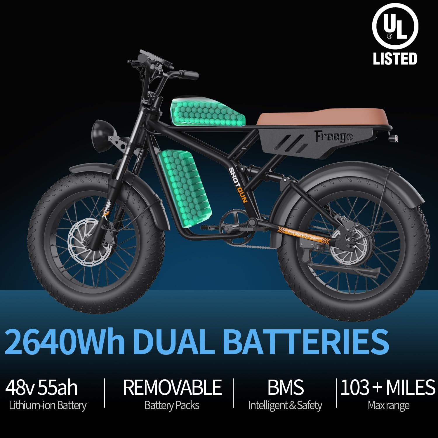 Freego Electric Motorcycle Bike for Adults, Dual Motor & Battery, 2000W/48V/40Ah, 20x4 Fat Tires Off Road Electric Dirt Bike Bicycle, Max 35MPH & 110 Mile Dual Supension 4 Piston Hydraulic Brake