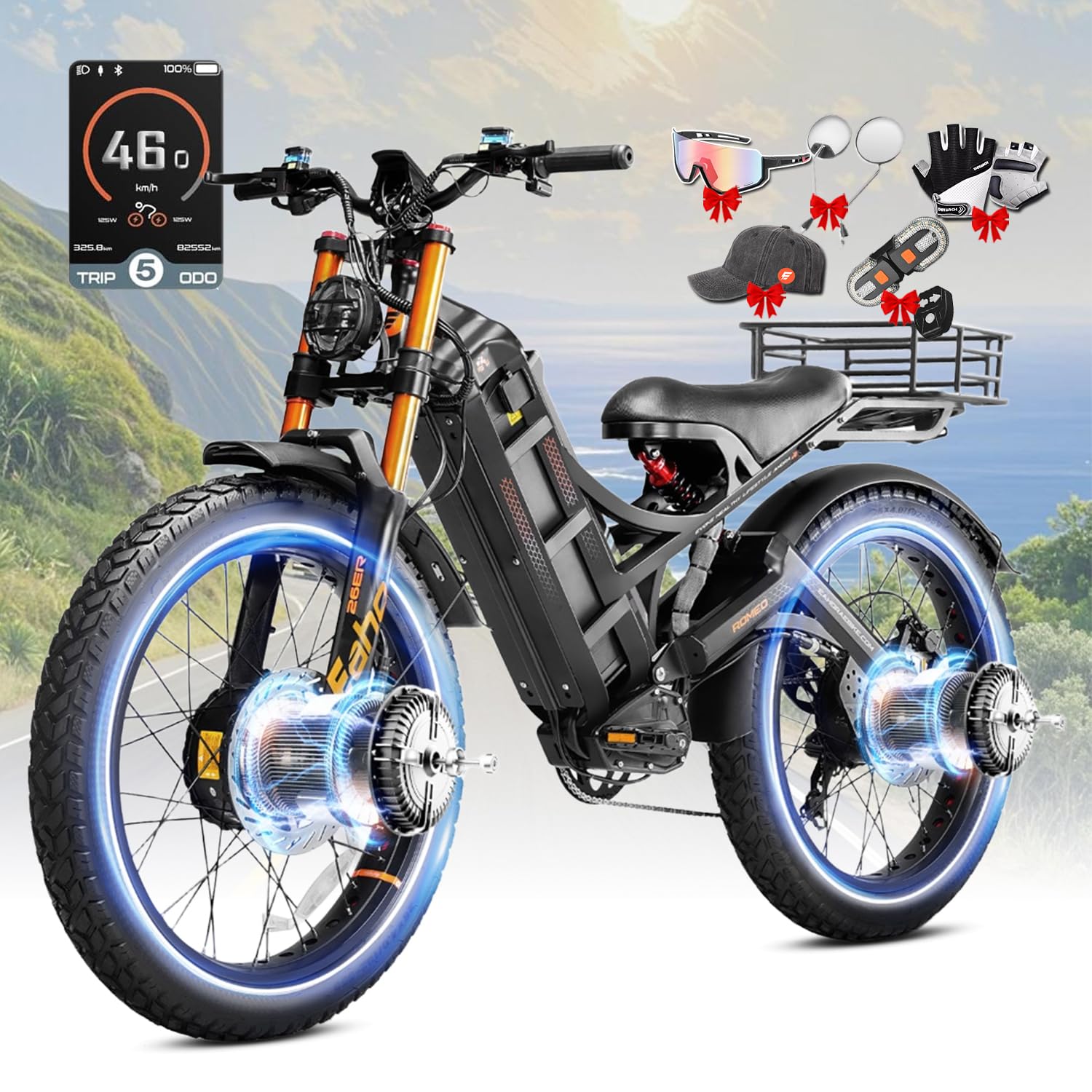 eAhora 2026 Romeo Electric Bike - Adults 40-50MPH 2500W/5600W Dual Motor 60V 80AH 250Miles Long Range Ebike, 26" Fat Tire Fast Electric Mountain Bike Full Suspension Off-Road E-Bike
