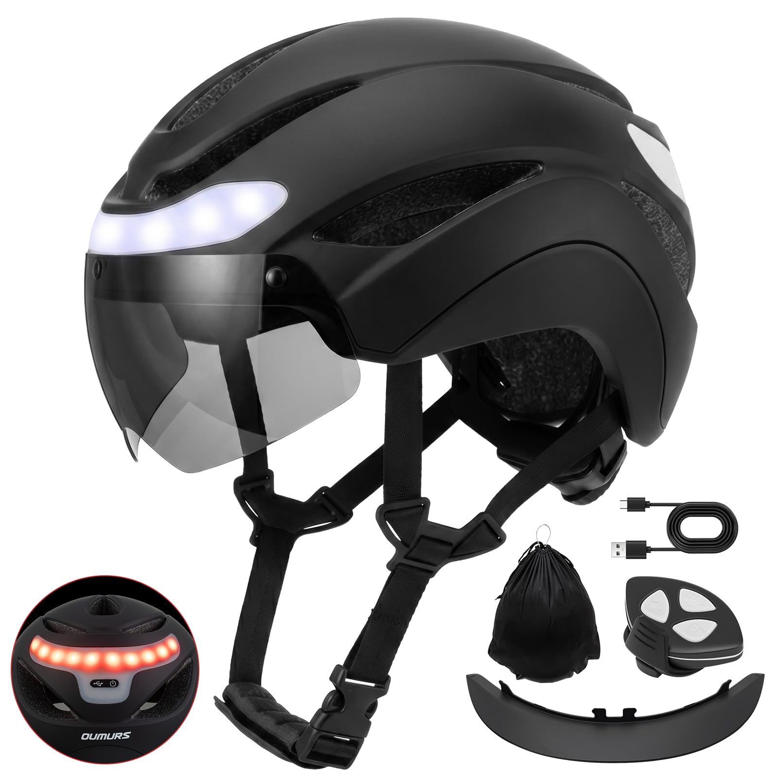 OUMURS Adult Bike Helmet, Bicycle Helmet with USB Rechargeable LED Turn Signal Lights & Magnetic Goggles Removable Visor