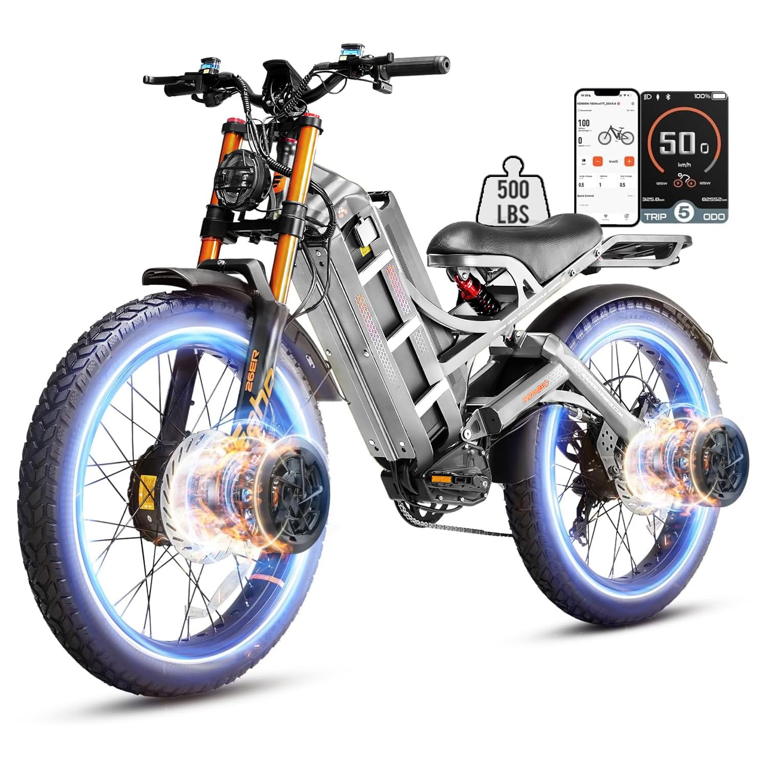 eAhora 2026 Romeo Electric Bike - Adults 40-50MPH 2500W/5600W Dual Motor 60V 80AH 250Miles Long Range Ebike, 26" Fat Tire Fast Electric Mountain Bike Full Suspension Off-Road E-Bike