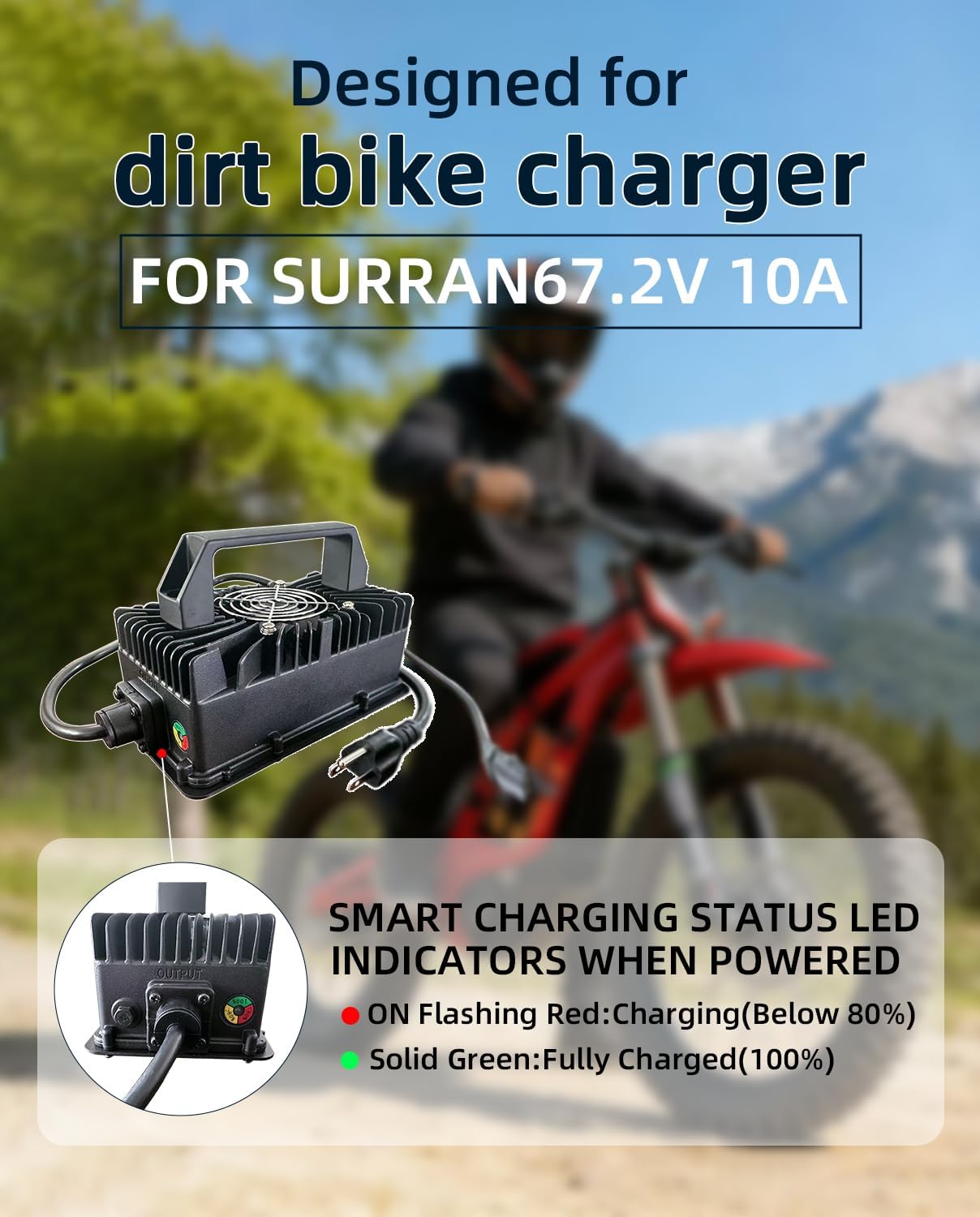 67.2V 10A Fast Charger Compatible with Surron Light Bee X Segway X260 Sur-Ron Electric Dirt Bike 2025, IP65 Waterproof Battery Power Adapter for 60V eBike with Cooling Fan, Same Original