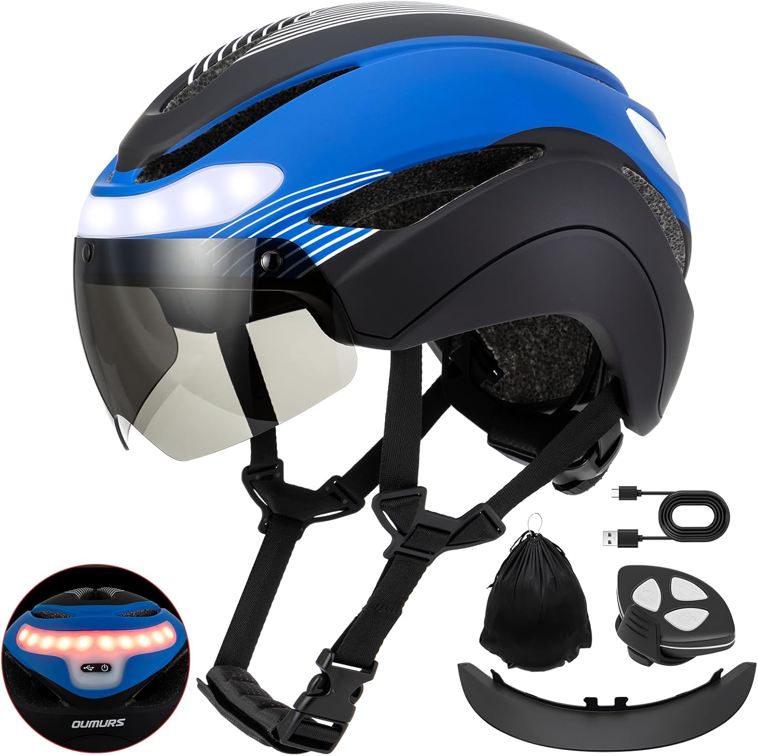 OUMURS Adult Bike Helmet, Bicycle Helmet with USB Rechargeable LED Turn Signal Lights & Magnetic Goggles Removable Visor