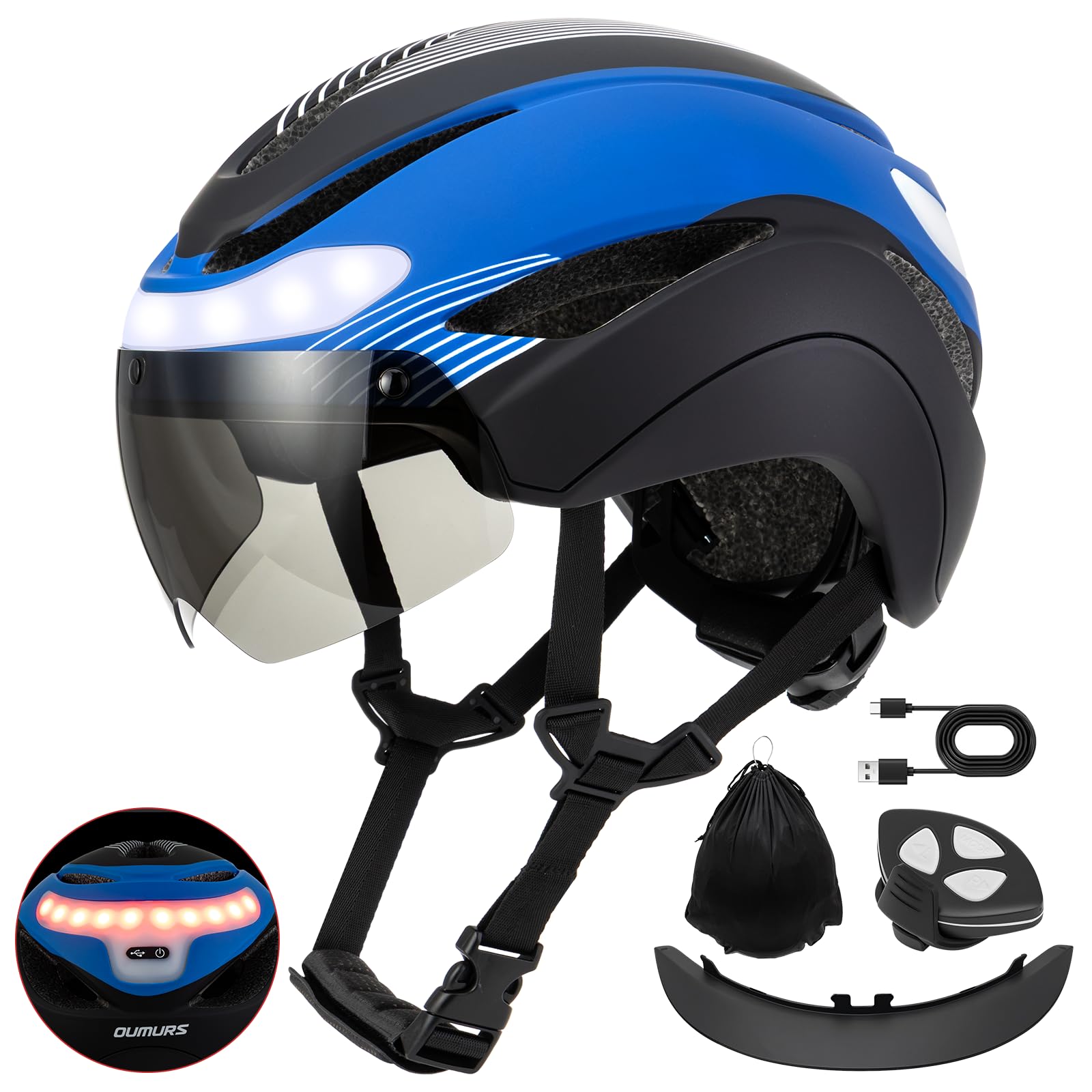 OUMURS Adult Bike Helmet, Bicycle Helmet with USB Rechargeable LED Turn Signal Lights & Magnetic Goggles Removable Visor