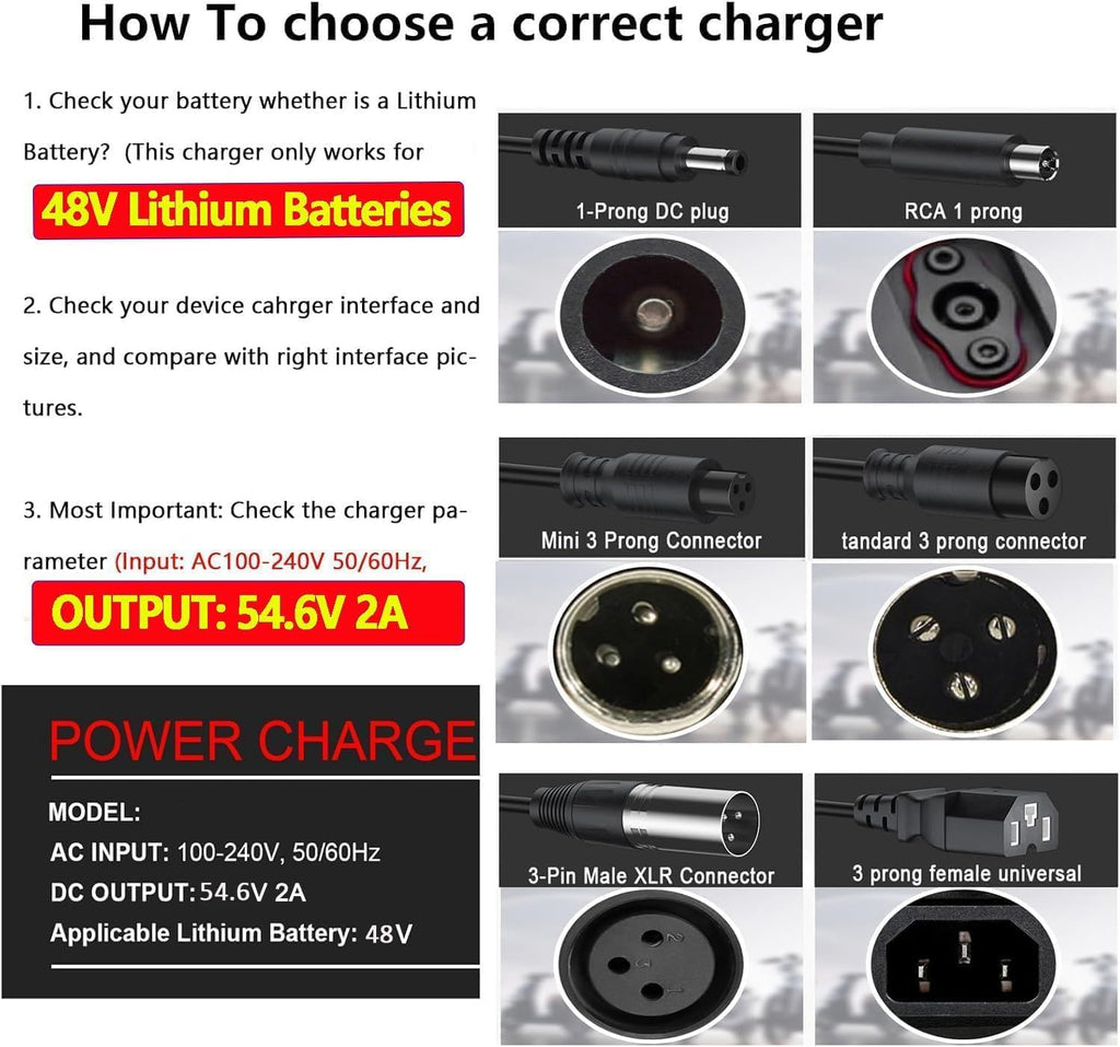 QKIIP 54.6V 2A Ebike Charger for 48V Lithium Battery, Universal Electric Bike Scooter Charger with 7 Plugs, Compatible with Ecotric City/Beach, Lectric XP 2.0/3.0, Evercross H5/H7
