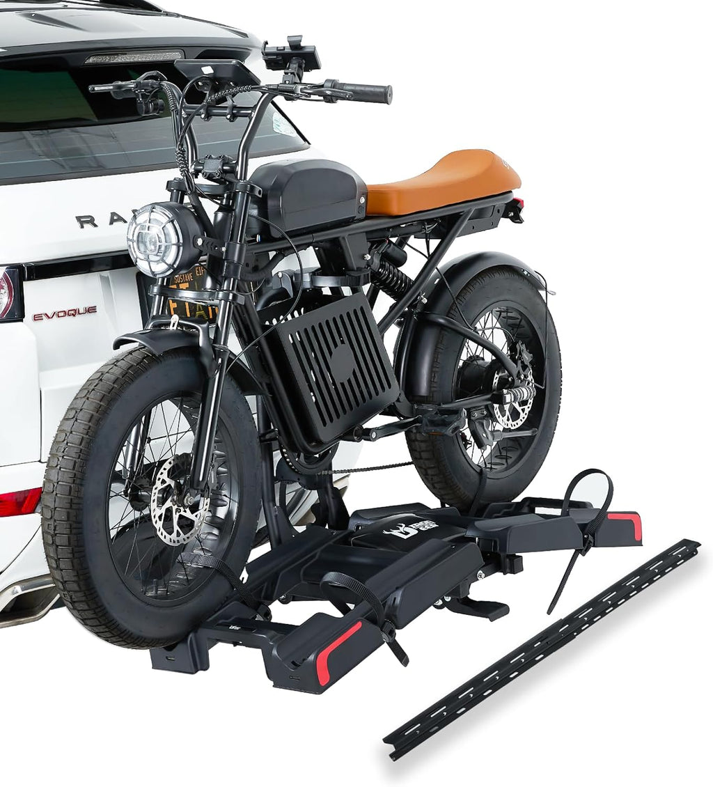 Ebike Rack with Ramp for 2 E-Bikes 200 lbs Capacity Fits 5" Fat Tire, Hitch Bike Rack for Cars SUVs Trucks with 2" Receiver, Foldable Tilting Locking No Assembly Needed E-Bike Platform Carrier