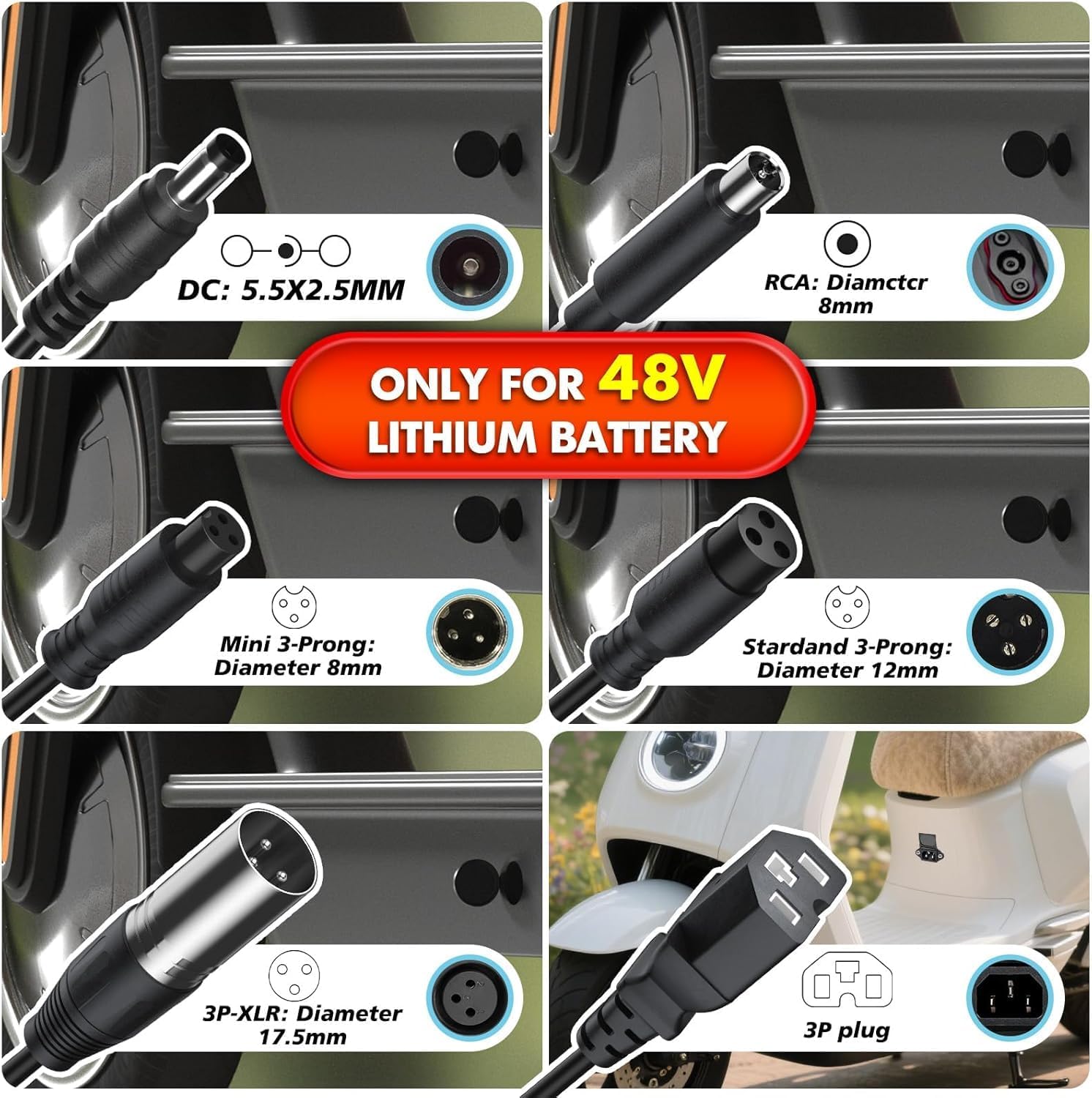 QKIIP 54.6V 2A Ebike Charger for 48V Lithium Battery, Universal Electric Bike Scooter Charger with 7 Plugs, Compatible with Ecotric City/Beach, Lectric XP 2.0/3.0, Evercross H5/H7