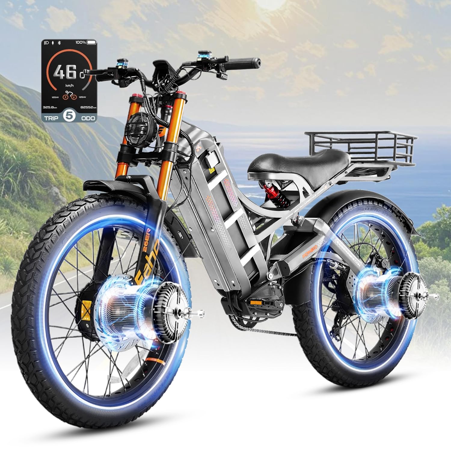 eAhora 2026 Romeo Electric Bike - Adults 40-50MPH 2500W/5600W Dual Motor 60V 80AH 250Miles Long Range Ebike, 26" Fat Tire Fast Electric Mountain Bike Full Suspension Off-Road E-Bike