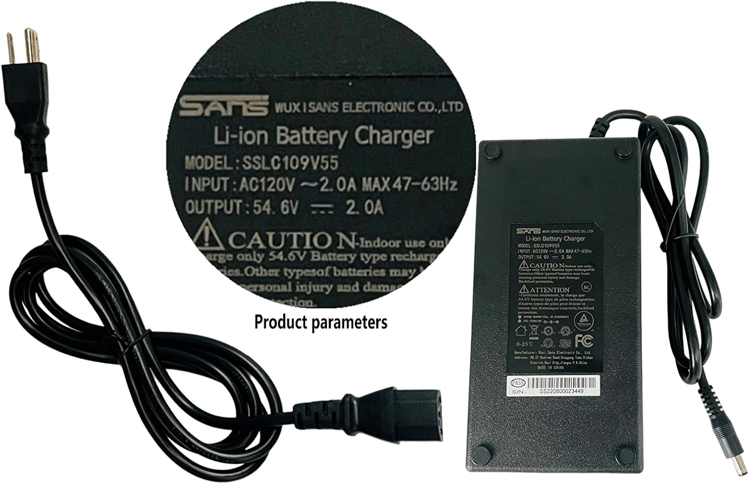 Syvrac 48-54.6V 2A Electric Bike Charger for 48V Lithium Battery Input Voltage AC120V(DC2.1MM Jack Connector)