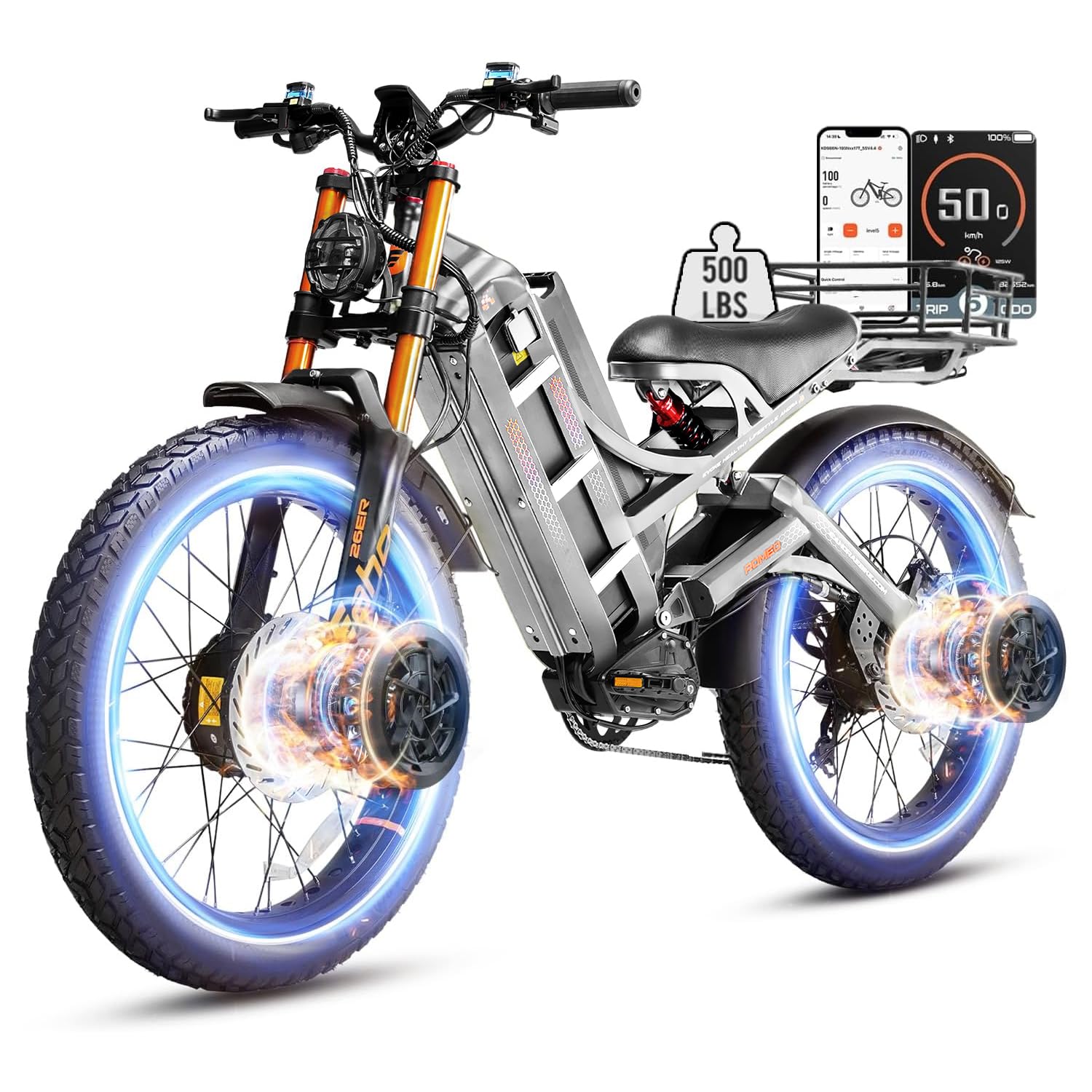 eAhora 2026 Romeo Electric Bike - Adults 40-50MPH 2500W/5600W Dual Motor 60V 80AH 250Miles Long Range Ebike, 26" Fat Tire Fast Electric Mountain Bike Full Suspension Off-Road E-Bike