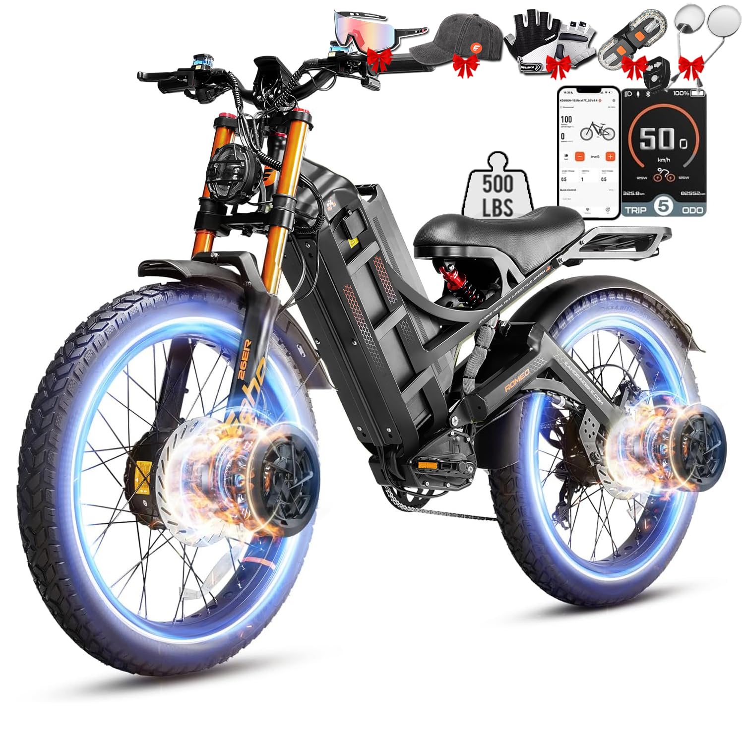 eAhora 2026 Romeo Electric Bike - Adults 40-50MPH 2500W/5600W Dual Motor 60V 80AH 250Miles Long Range Ebike, 26" Fat Tire Fast Electric Mountain Bike Full Suspension Off-Road E-Bike