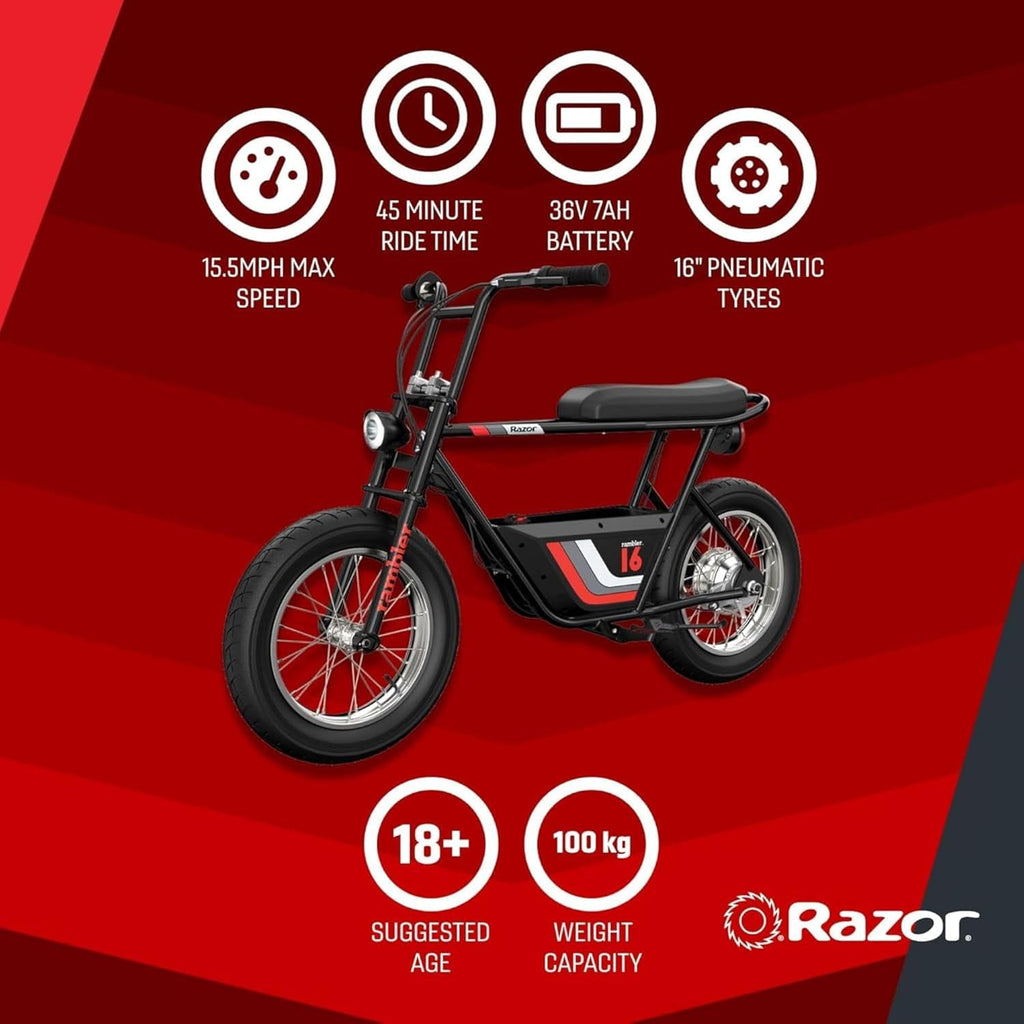 Razor Electric Bike for Ages 18+, 220 lb Max Weight, Black, w/ 350W Motor, 16” Tires & 36V Battery, Up to 15.5 MPH, Rambler 16 – Rechargeable Minibike for Teens and Adults