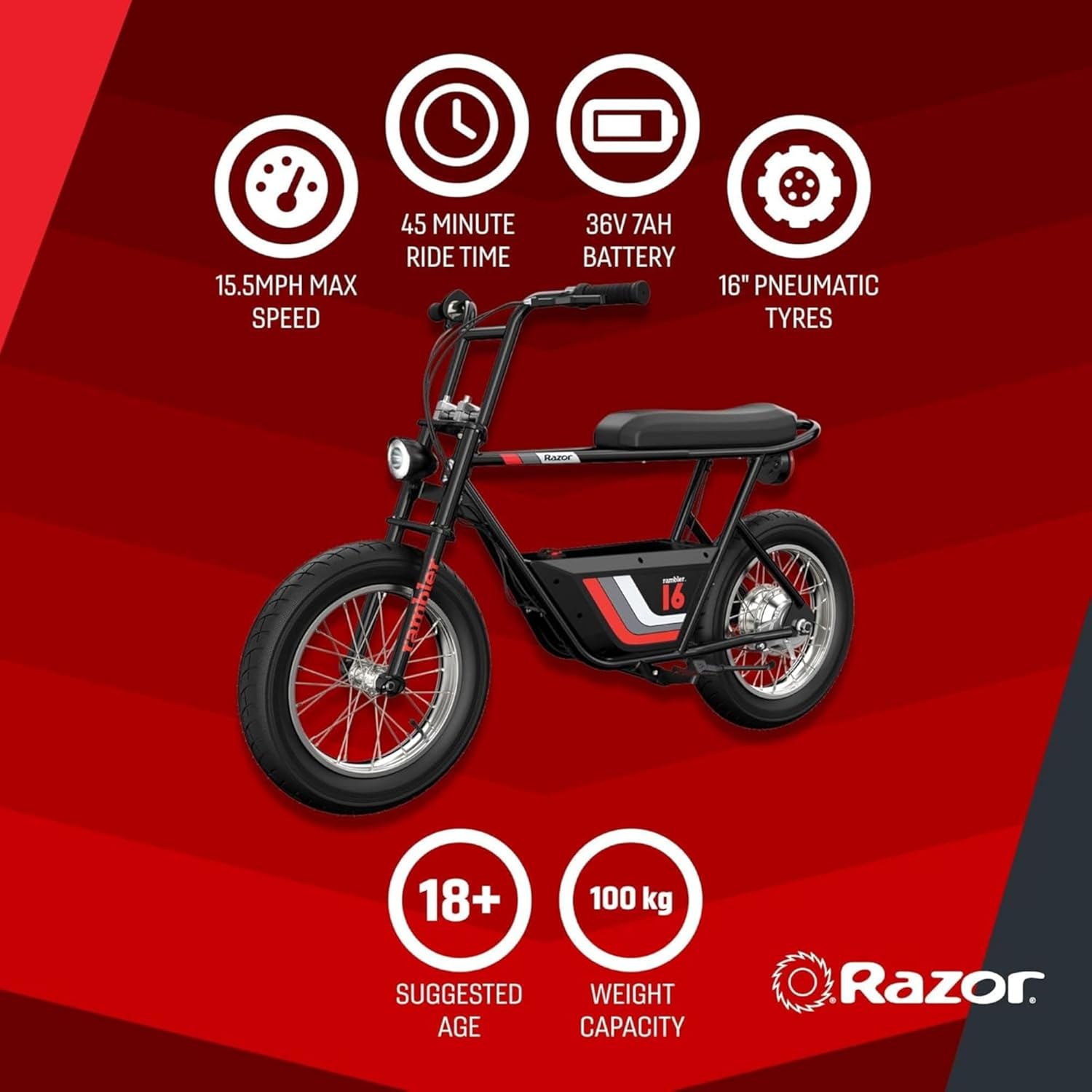 Razor Electric Bike for Ages 18+, 220 lb Max Weight, Black, w/ 350W Motor, 16” Tires & 36V Battery, Up to 15.5 MPH, Rambler 16 – Rechargeable Minibike for Teens and Adults