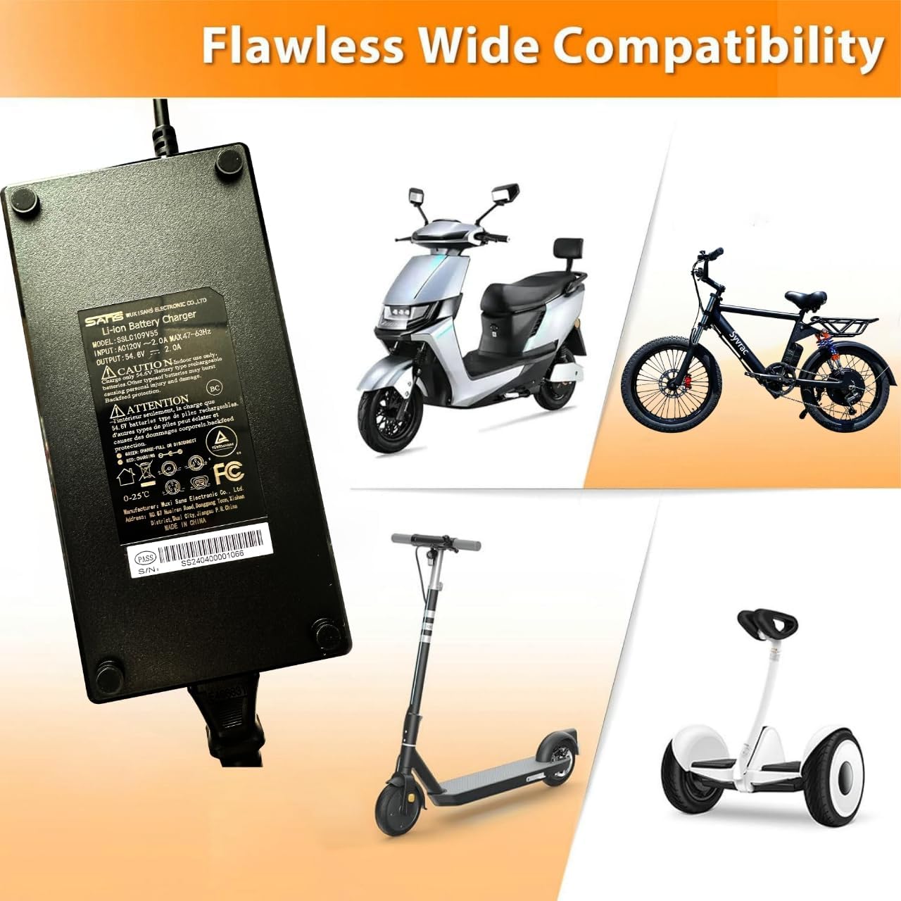 Syvrac 48-54.6V 2A Electric Bike Charger for 48V Lithium Battery Input Voltage AC120V(DC2.1MM Jack Connector)