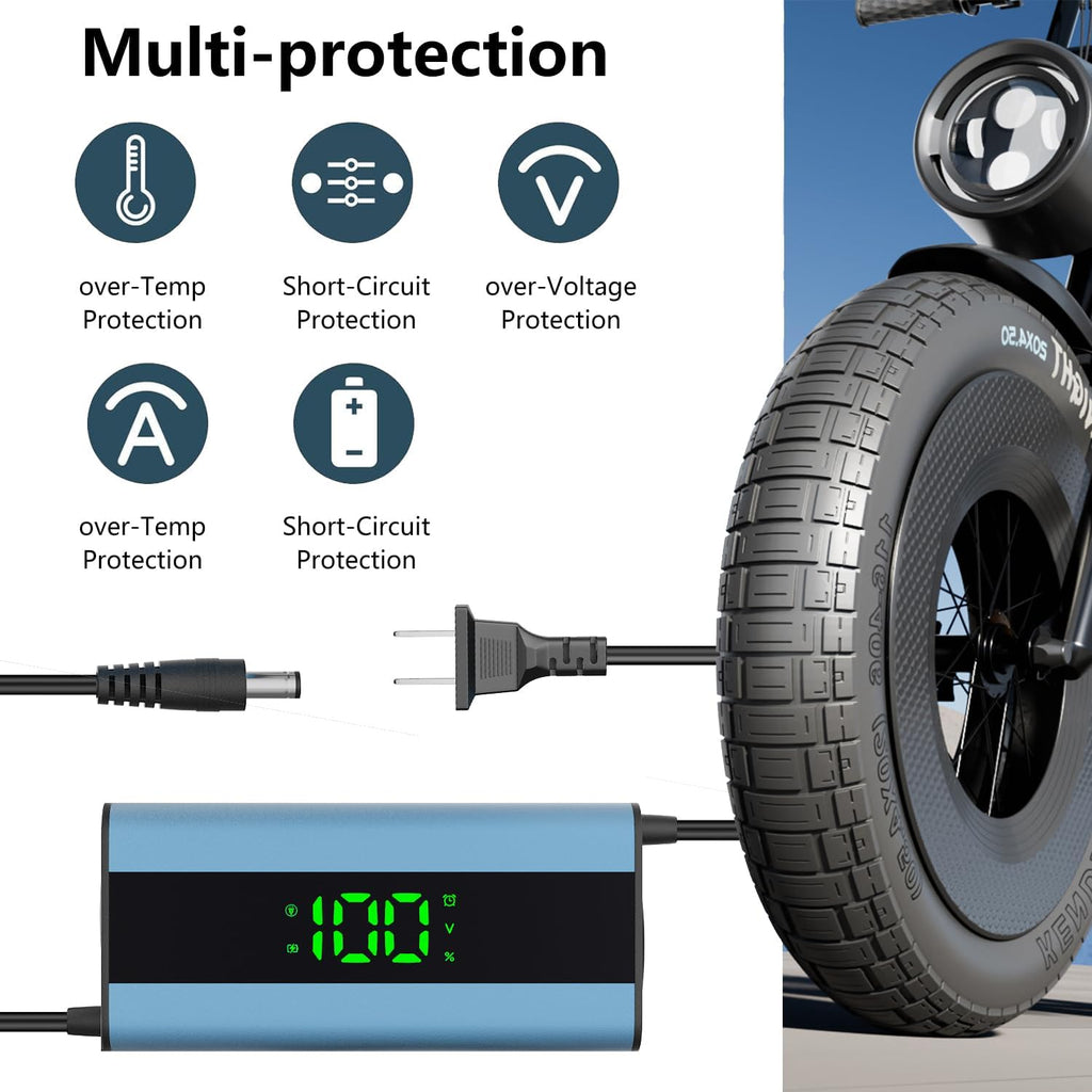 54.6V 2A Electric Scooter Charger with 6-in-1 Universal Plug, Suitable for 48V Electric Scooter and Electric Bicycle Lithium Battery, Intelligent Display Screen, Fast Charging, Overcharge Protection