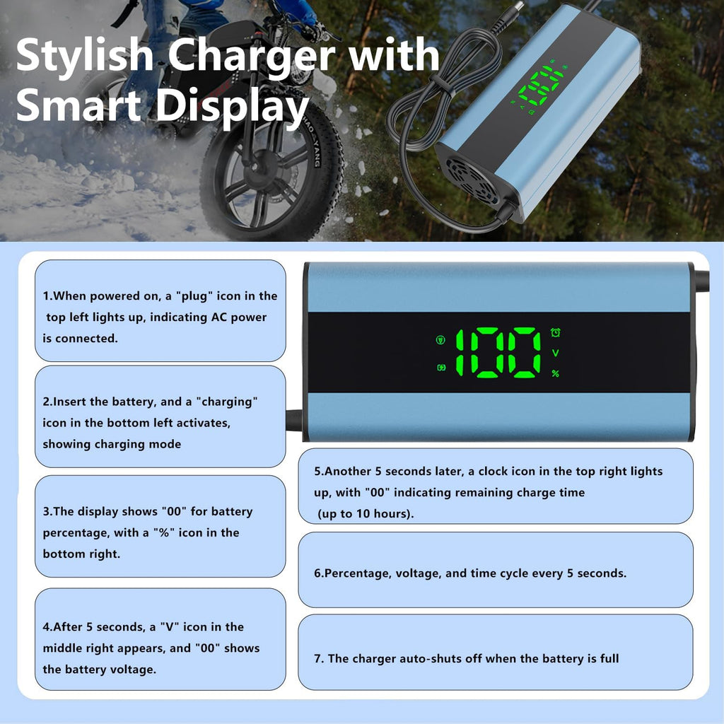 54.6V 2A Electric Scooter Charger with 6-in-1 Universal Plug, Suitable for 48V Electric Scooter and Electric Bicycle Lithium Battery, Intelligent Display Screen, Fast Charging, Overcharge Protection