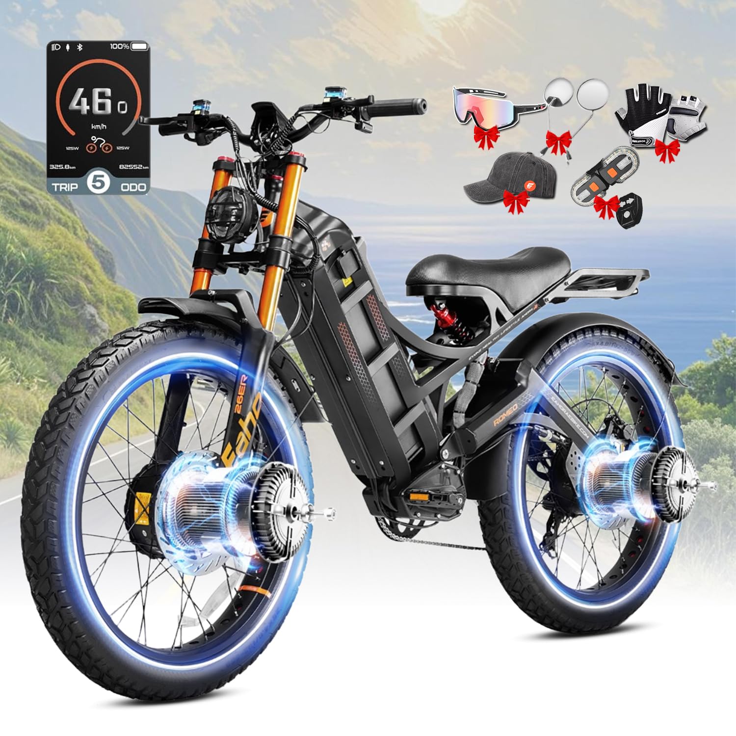 eAhora 2026 Romeo Electric Bike - Adults 40-50MPH 2500W/5600W Dual Motor 60V 80AH 250Miles Long Range Ebike, 26" Fat Tire Fast Electric Mountain Bike Full Suspension Off-Road E-Bike
