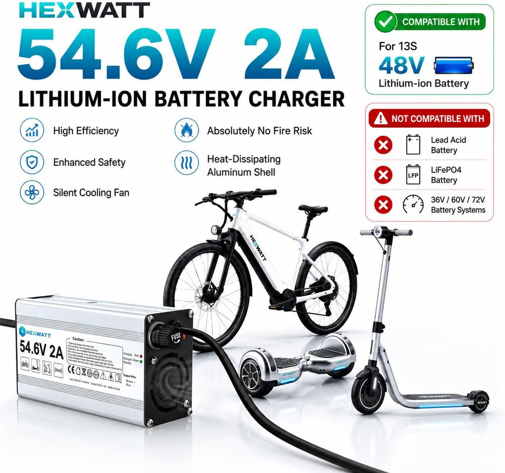 54.6V 2A Charger for 48V Lithium-ion Battery ebike Electric Bike Electric Scooter Hoverboard Battery Charger Replacement with 6 Connectors