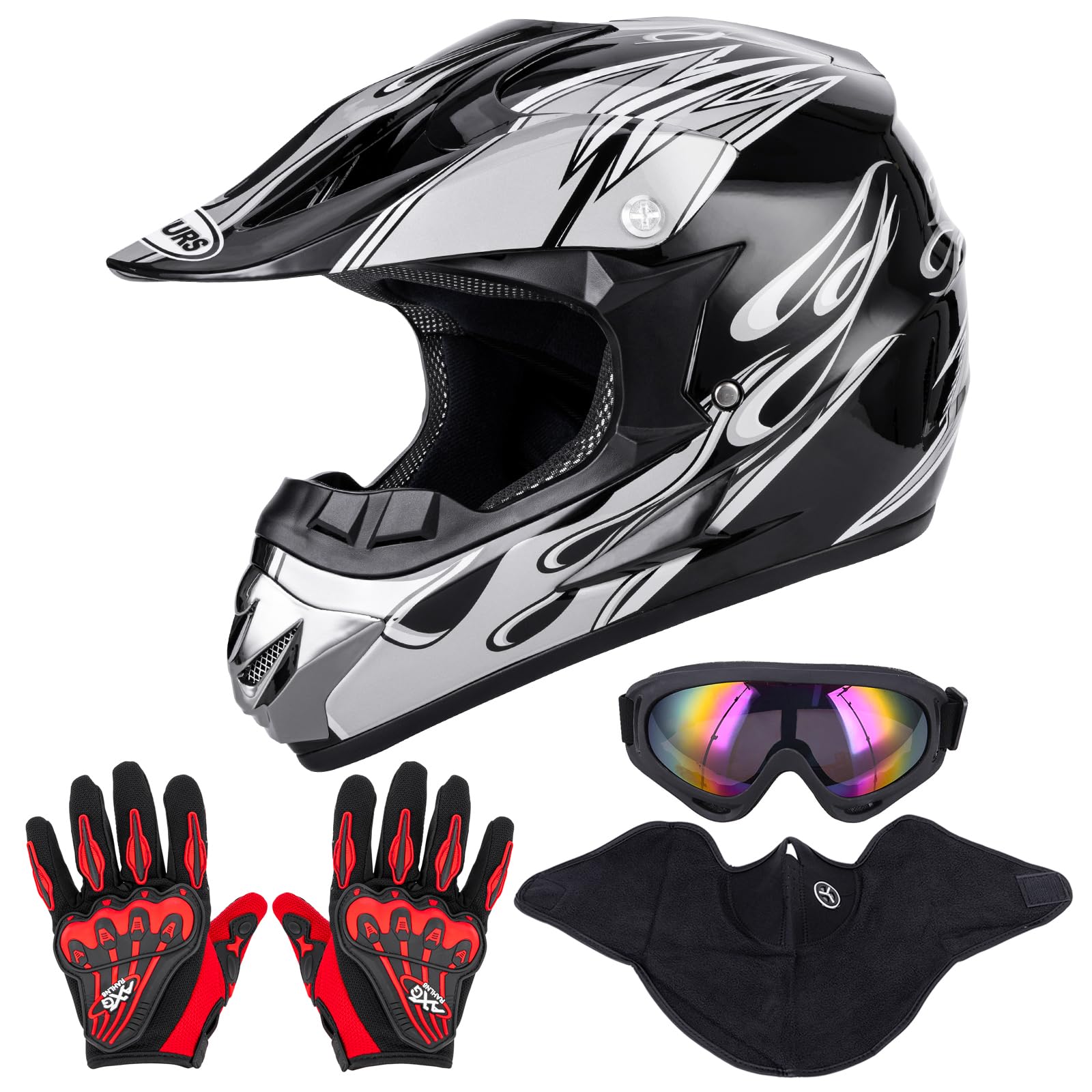 OUMURS Adult Motocross Dirt Bike Helmet with Goggles, Gloves & Mask Dirt Bike ATV Helmet for Unisex-Adult Men Women Adjustable Sun Visor DOT/FMVSS-218 Off-Road Motorcycle Helmet UTV Helmet Downhill