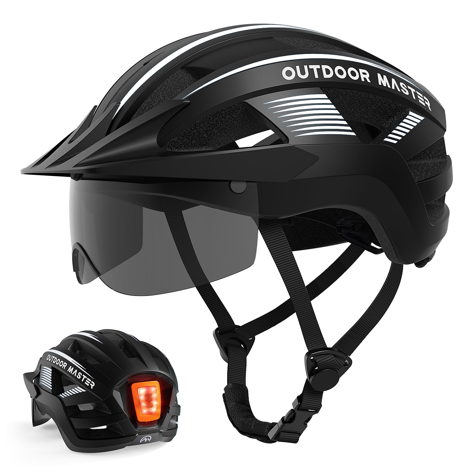 OutdoorMaster Adult Bike Helmet - Bicycle Helmet with Rechargeable Rear LED Light, Detachable Magnetic Goggles, Removable Sun Visor - Suitable for Commuting and Cycling for Men and Women