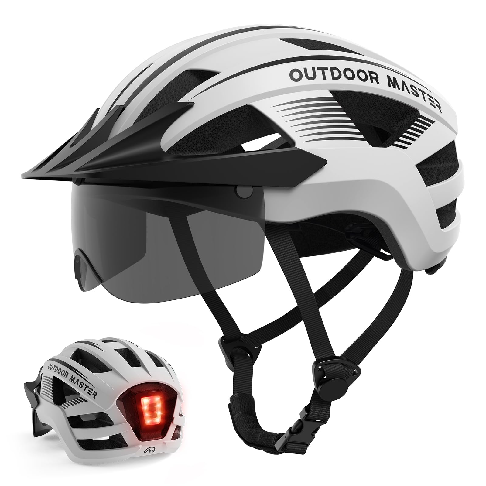 OutdoorMaster Adult Bike Helmet - Bicycle Helmet with Rechargeable Rear LED Light, Detachable Magnetic Goggles, Removable Sun Visor - Suitable for Commuting and Cycling for Men and Women