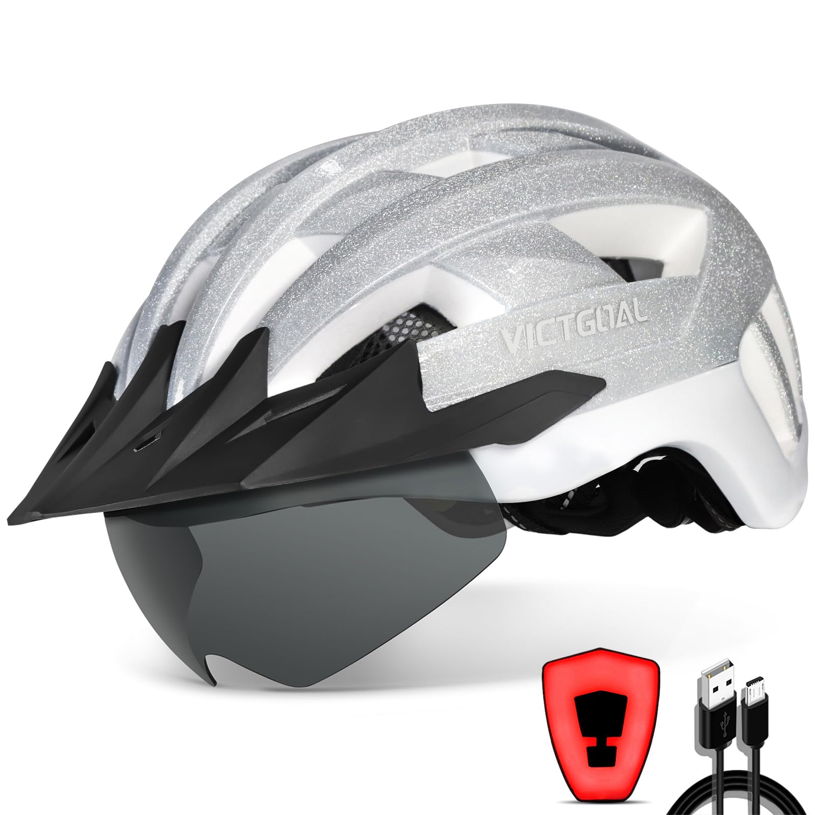 VICTGOAL Bike Helmet with USB Rechargeable Rear Light Detachable Magnetic Goggles Removable Sun Visor Mountain & Road Bicycle Helmets for Men Women Adult Cycling Helmets