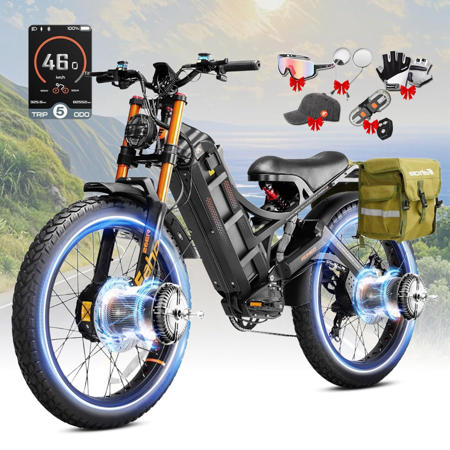 eAhora 2026 Romeo Electric Bike - Adults 40-50MPH 2500W/5600W Dual Motor 60V 80AH 250Miles Long Range Ebike, 26" Fat Tire Fast Electric Mountain Bike Full Suspension Off-Road E-Bike