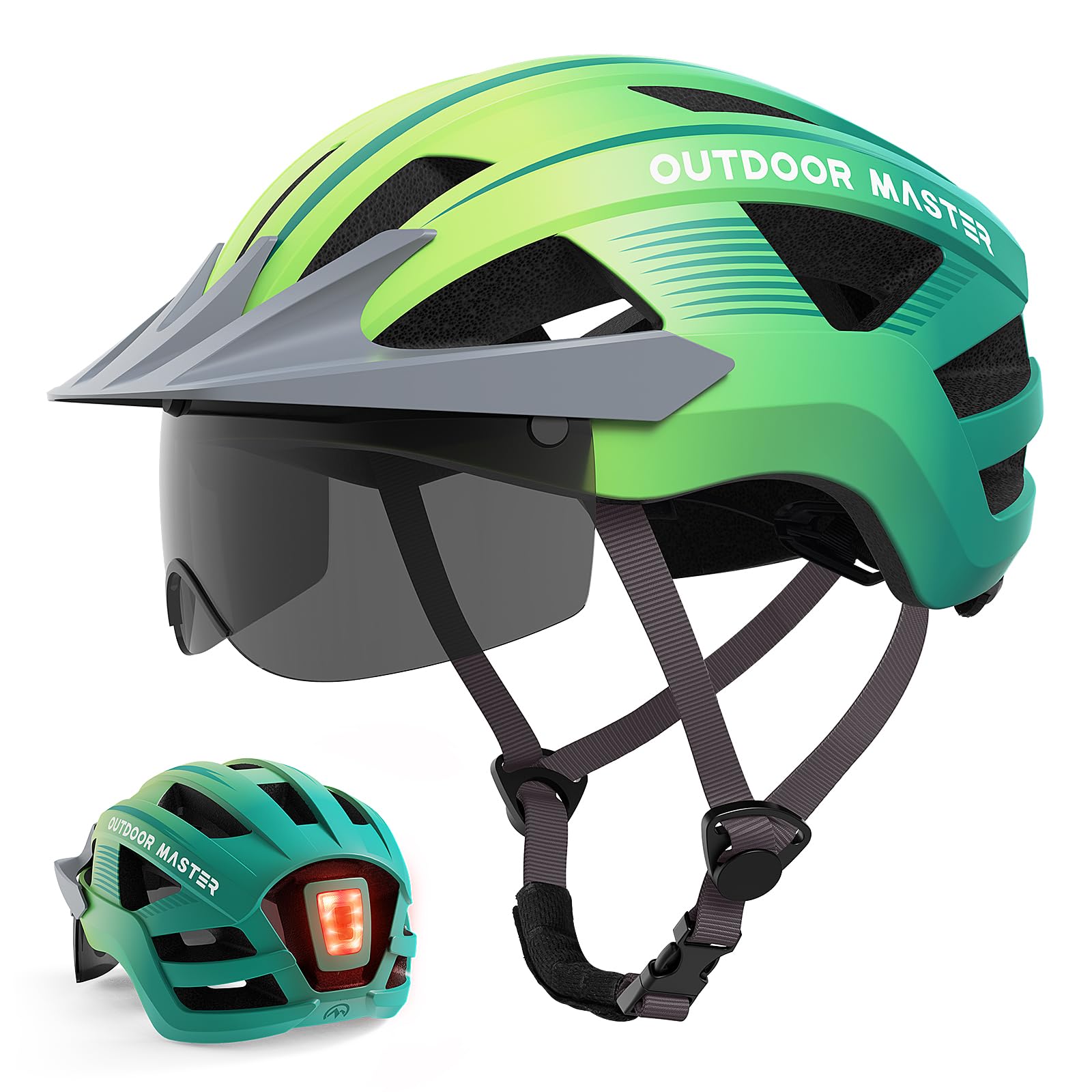 OutdoorMaster Adult Bike Helmet - Bicycle Helmet with Rechargeable Rear LED Light, Detachable Magnetic Goggles, Removable Sun Visor - Suitable for Commuting and Cycling for Men and Women