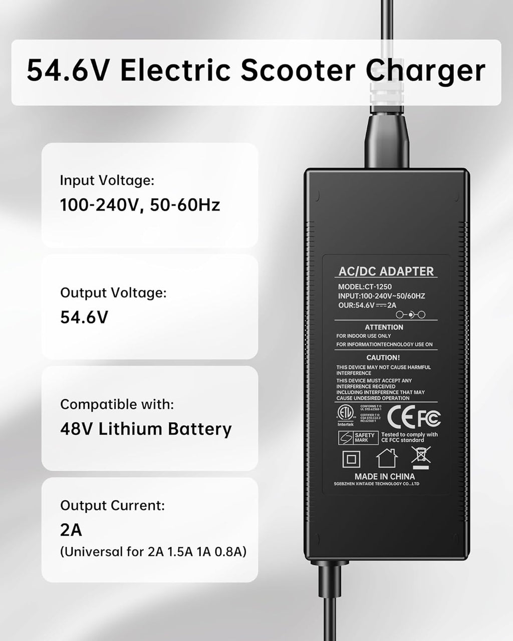 WUKUR 54.6V 2A Electric Scooter Charger 5 Connectors for 48V Lithium Batteries Compatible with Lectric XP 2.0/3.0, for Ecotric City/Beach, for Evercross H5/H7 Ebike