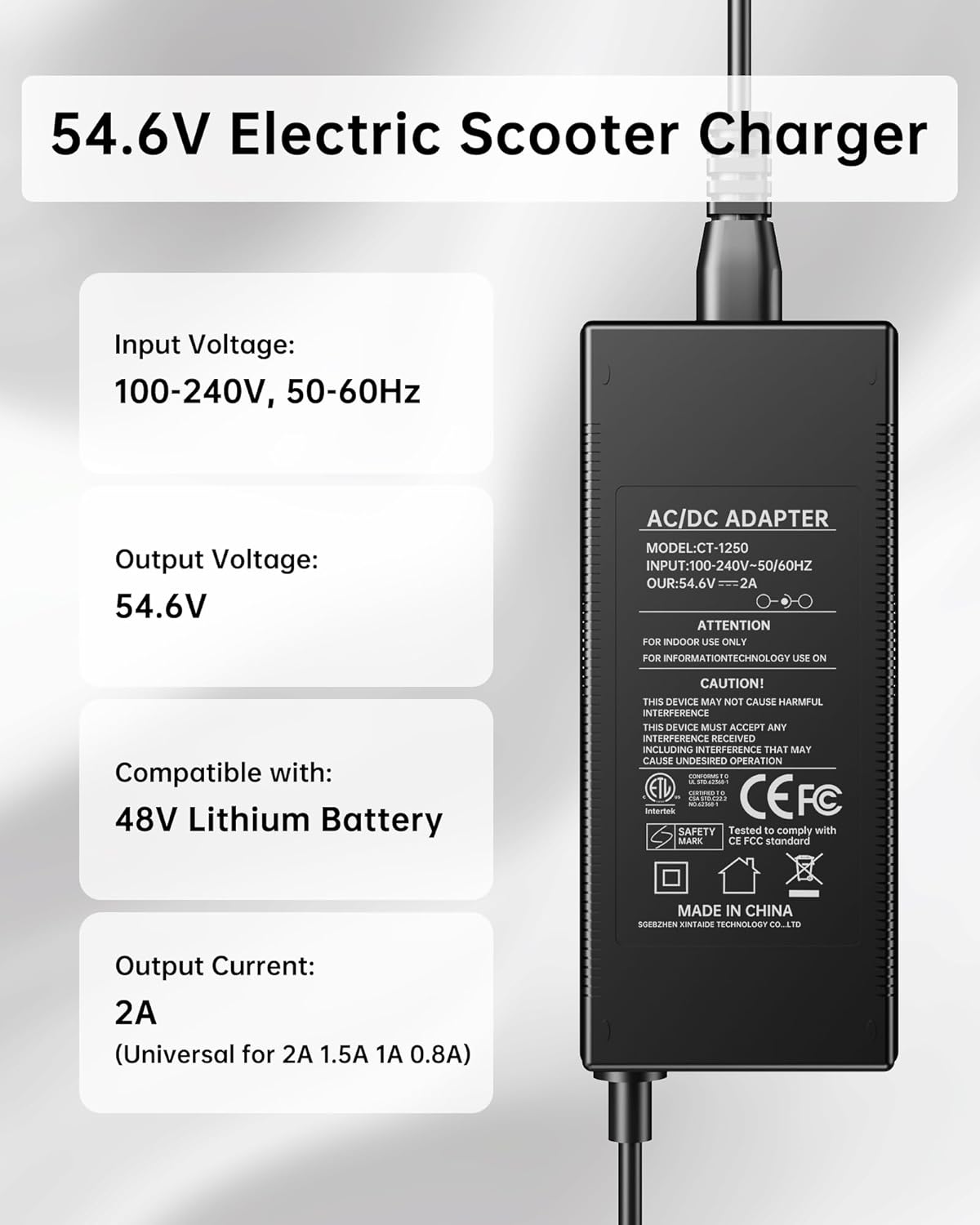 WUKUR 54.6V 2A Electric Scooter Charger 5 Connectors for 48V Lithium Batteries Compatible with Lectric XP 2.0/3.0, for Ecotric City/Beach, for Evercross H5/H7 Ebike