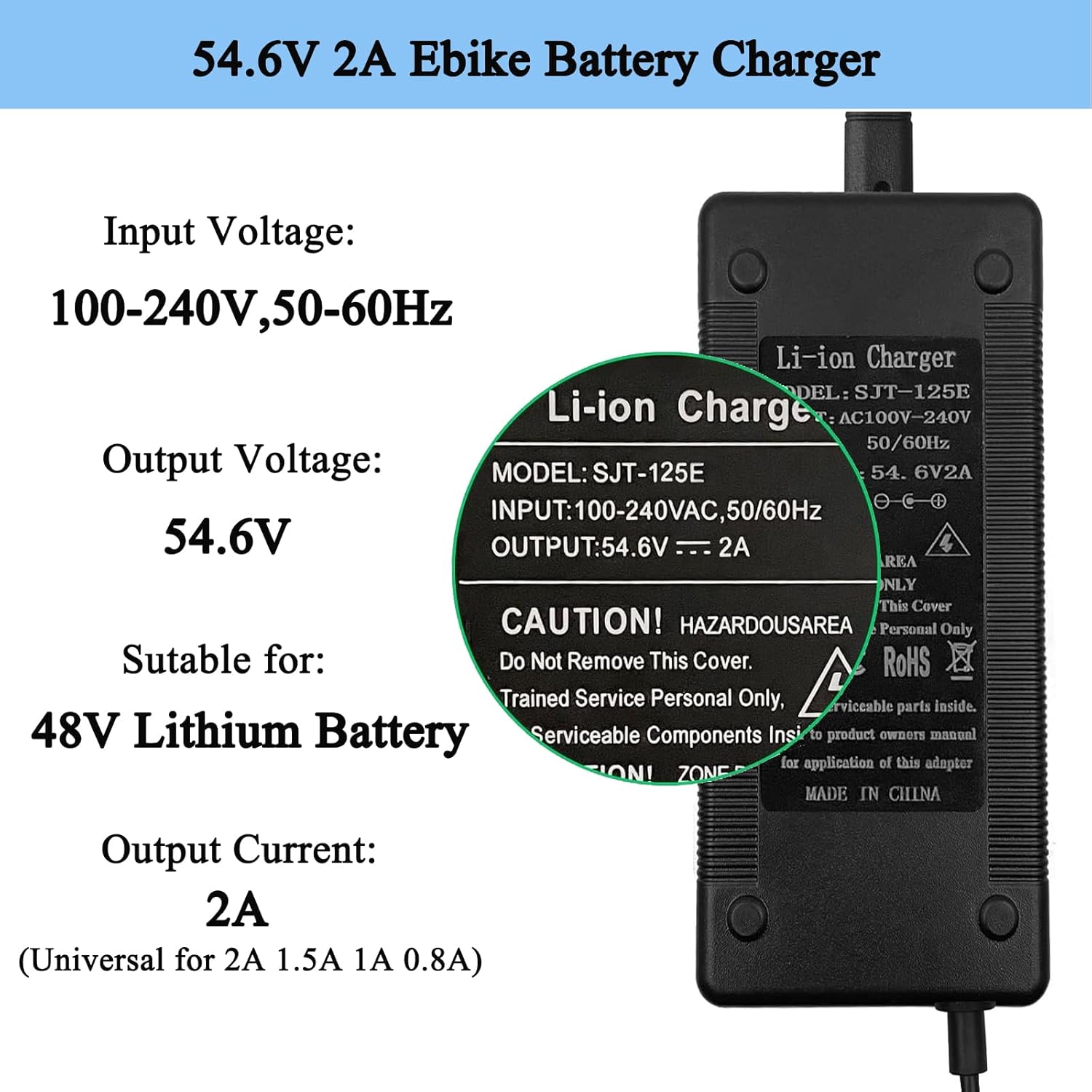 Electric Bike Charger 48V, 54.6V 2A Charger (5 Plugs) Fast Universal for 48V Lithium Battery, Compatible with Ebike, One Wheel, Electric Bicycle, Rad Power Bike