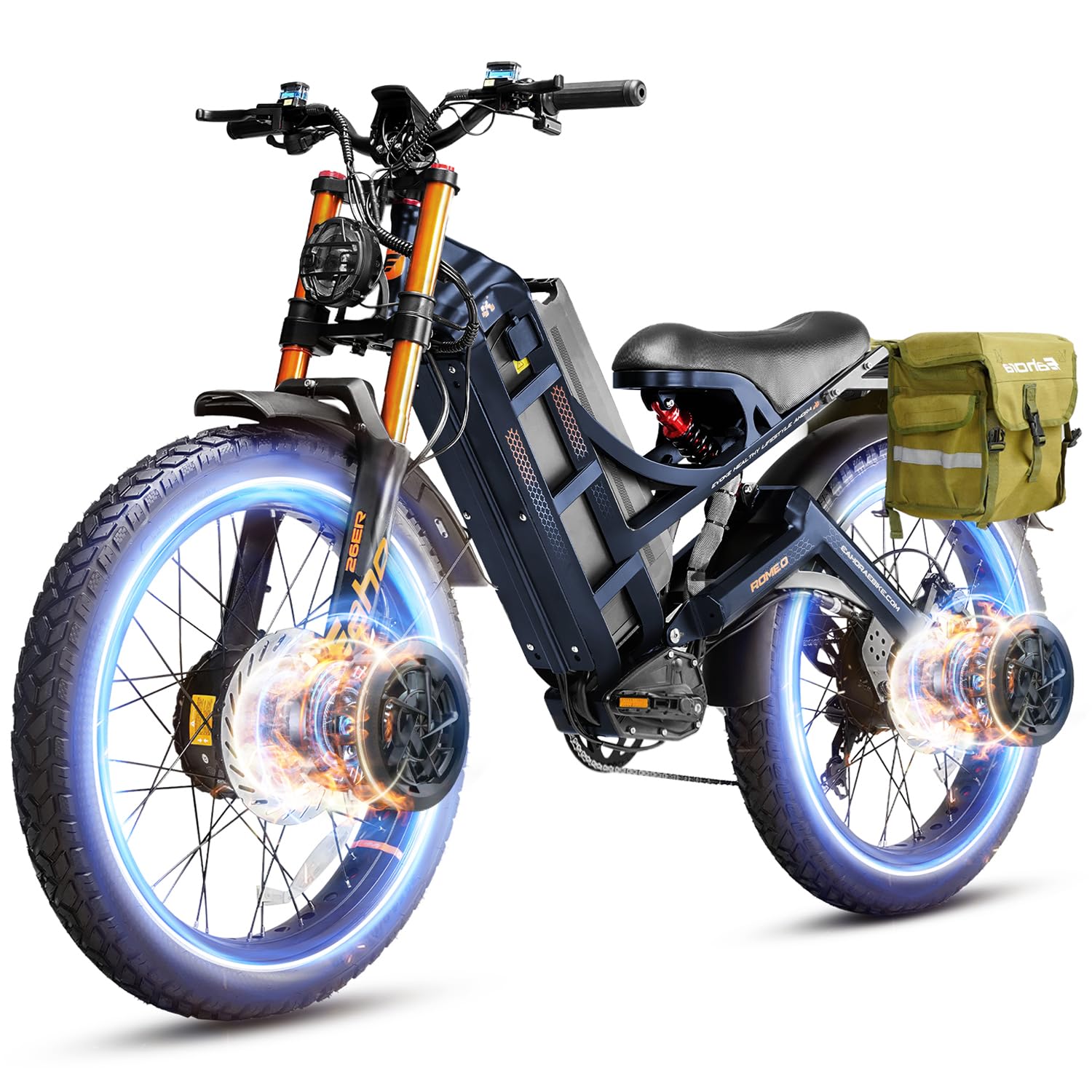 2026 eAhora Romeo Dual-Motor Ebike - 50Mph 5600W 60-80AH 250Miles Long Range Electric Bike for Adults, Full Suspension Hydraulic Brakes Electric Bicycle, 26" Mountain Bike for Off-Road Commuting