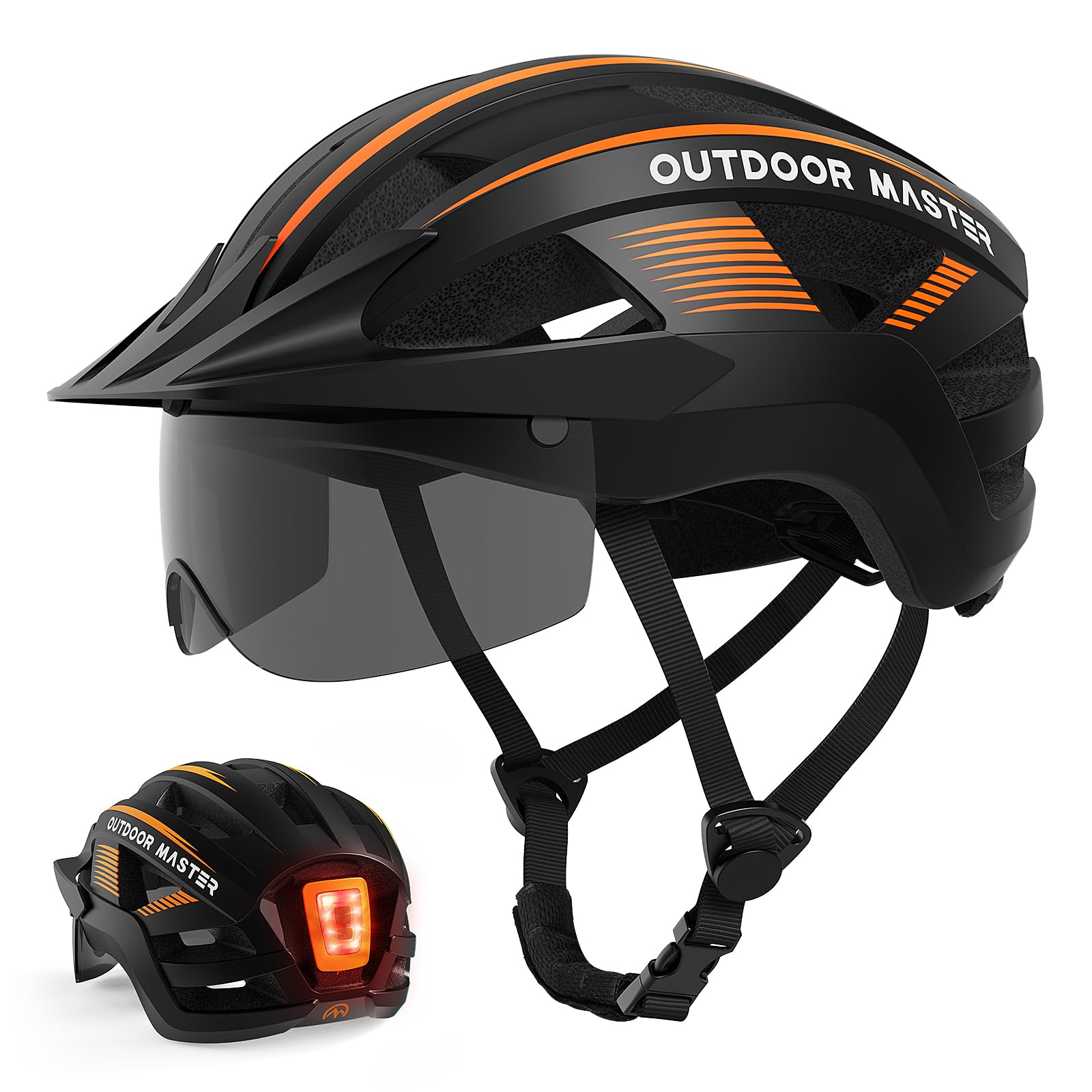 OutdoorMaster Adult Bike Helmet - Bicycle Helmet with Rechargeable Rear LED Light, Detachable Magnetic Goggles, Removable Sun Visor - Suitable for Commuting and Cycling for Men and Women